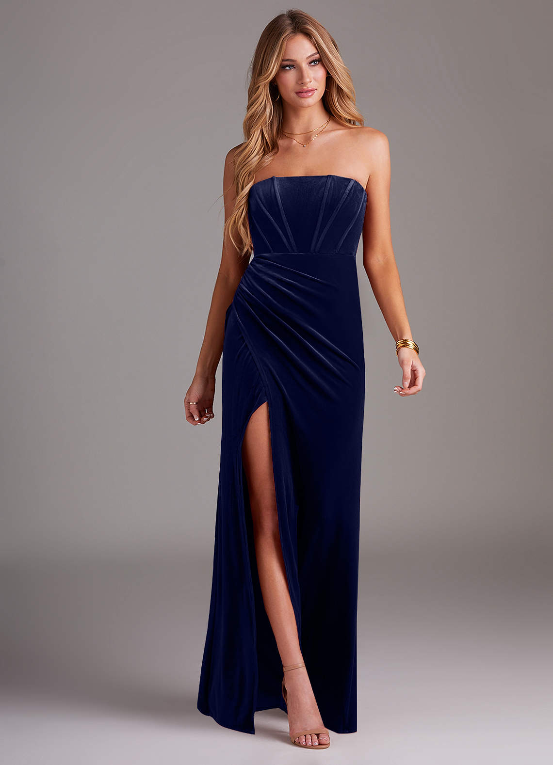 Azazie Larisa Bridesmaid Dresses Dark Navy Sheath Strapless Velvet Convertible Dress image1