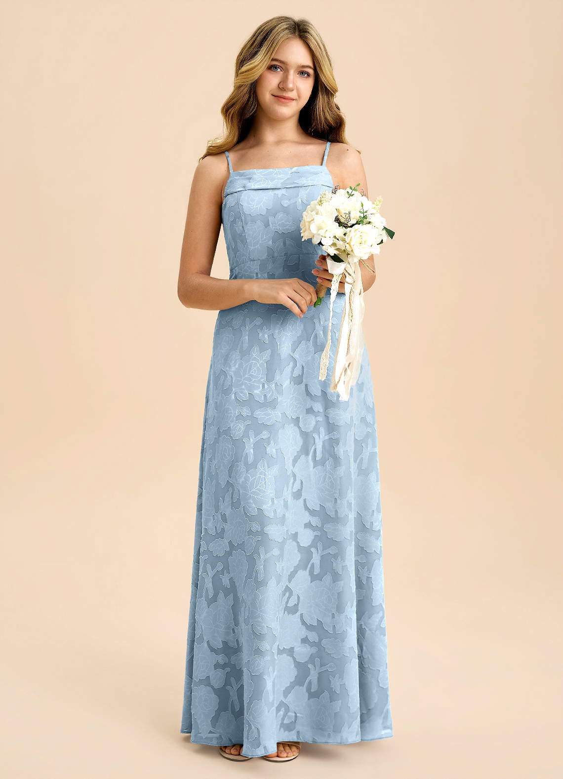 Azazie Anselie Junior Sky Blue A-Line Off the Shoulder Floral Burnout Dress image5