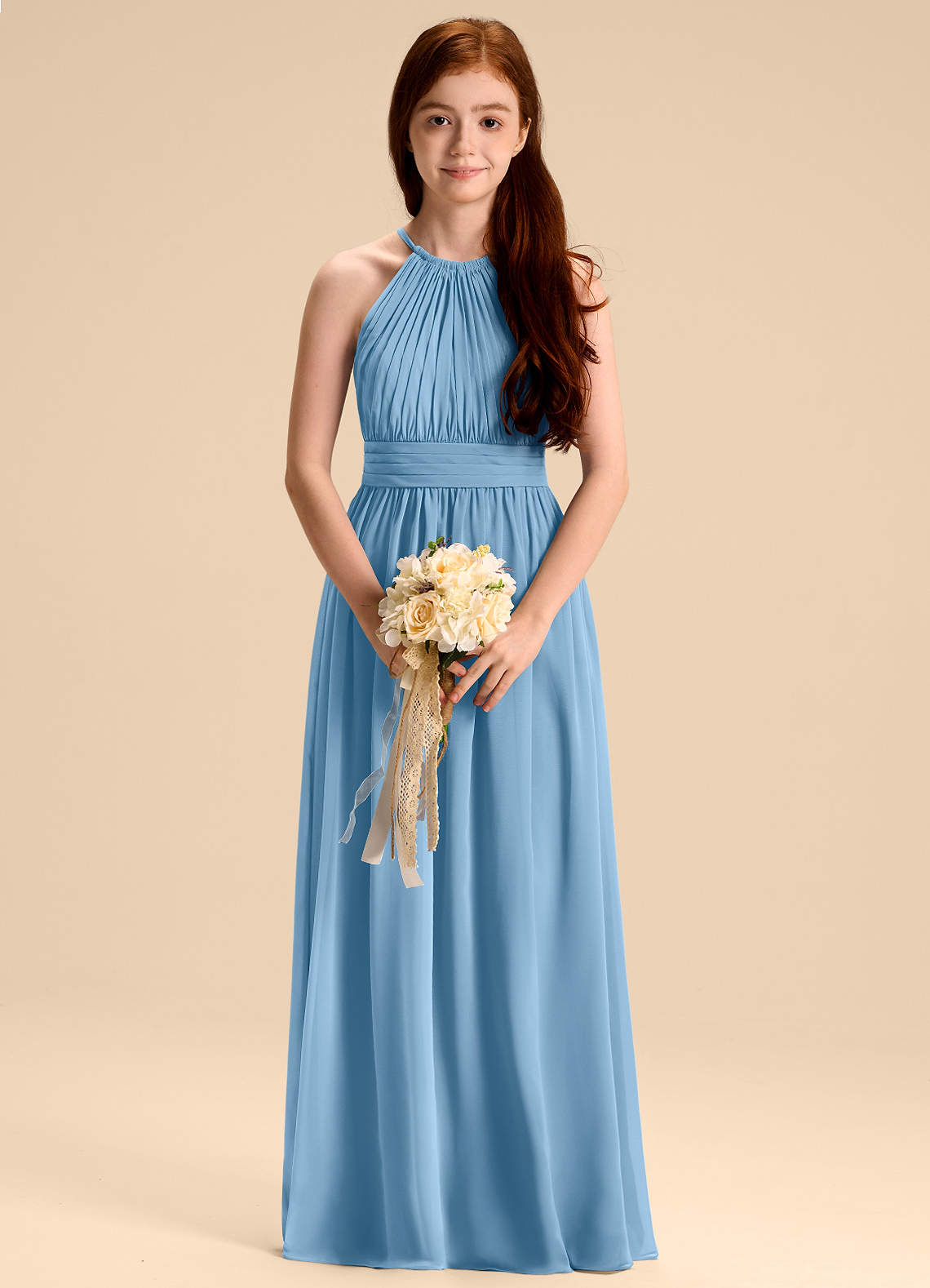 Azazie Malone Junior Vestido de Azul Acero de Gasa de Corte en A con Plisado image1