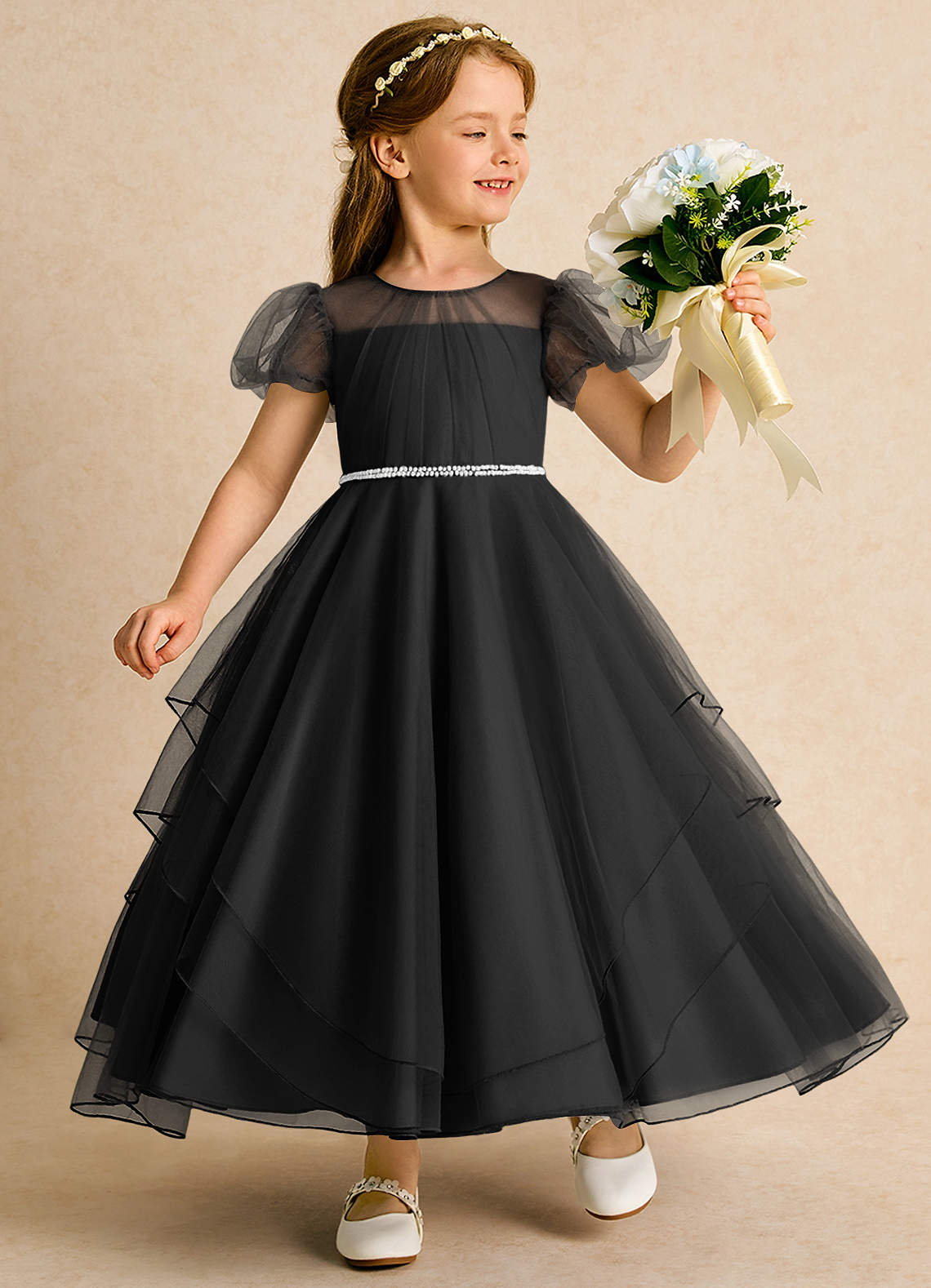 Azazie Duckie Abiti da Ragazza di Fiori Abito Principessa in Tulle Plissettato Nero image1