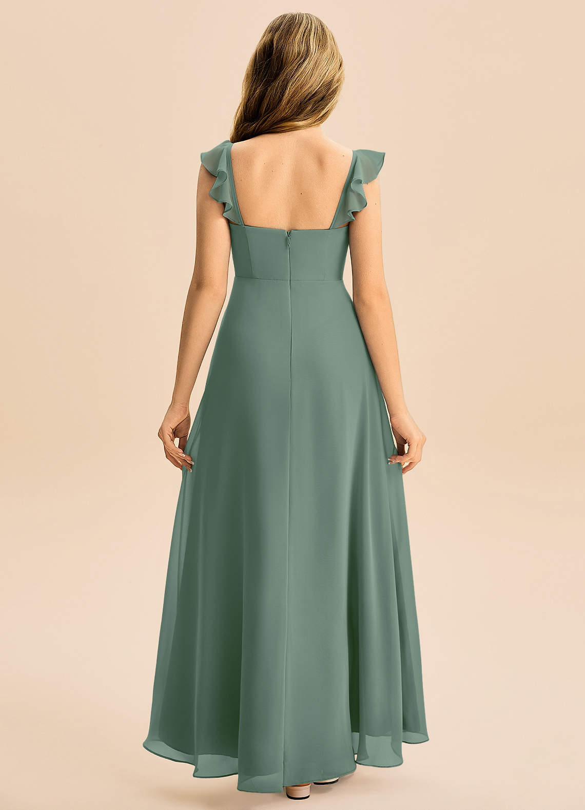 Azazie Mavie Junior Abito A-Line in Chiffon Increspato Eucalipto image1