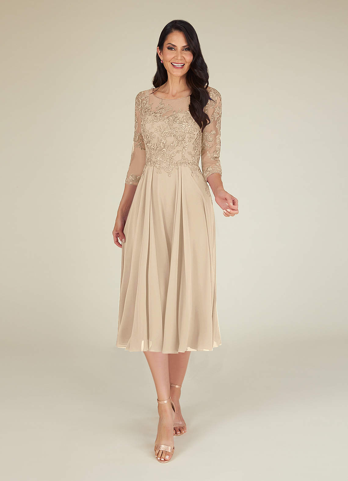 A-Line Lace Applique Chiffon Tea-Length Dress Turquoise main image 1
