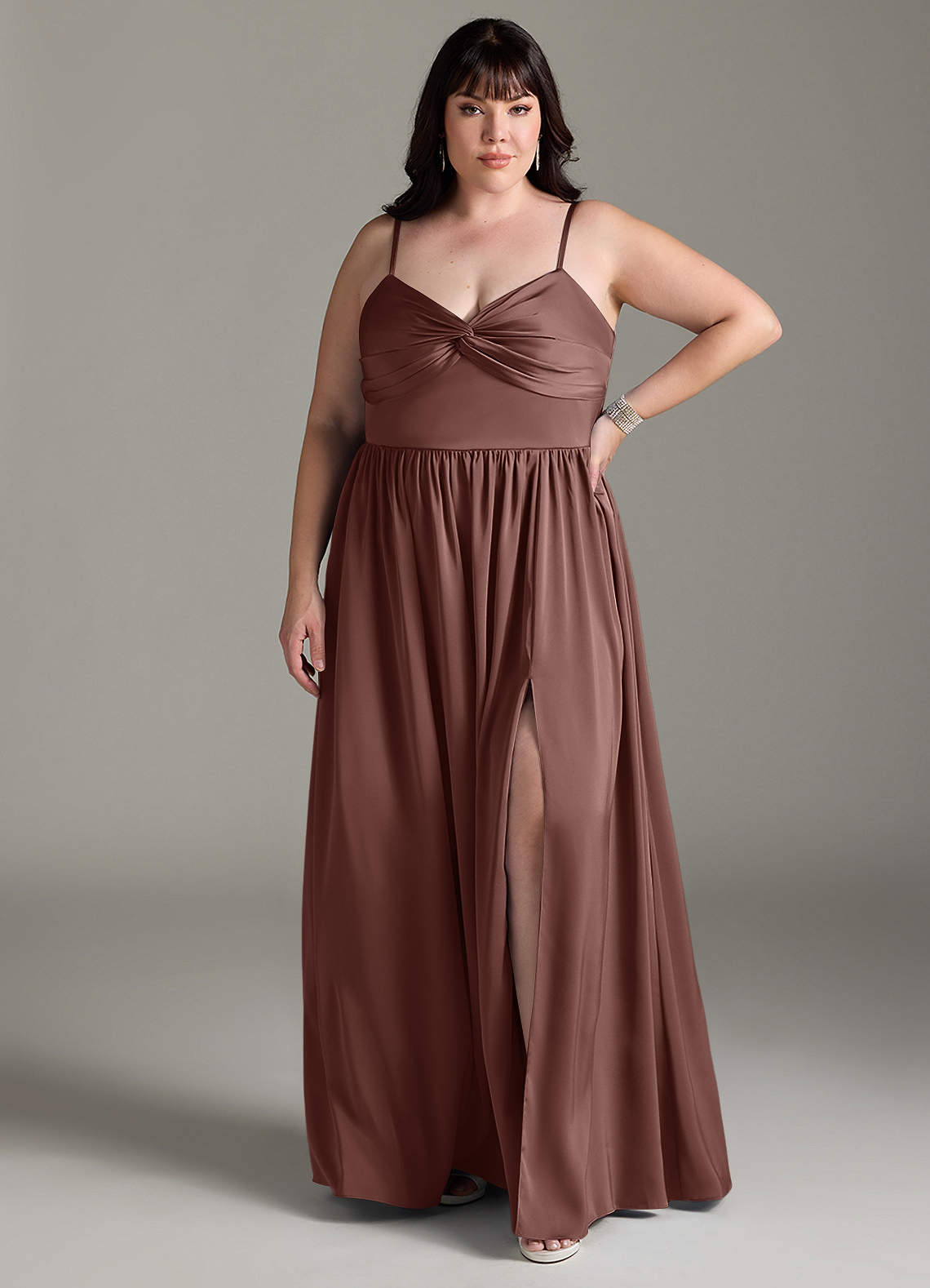 Azazie Zeya Vestidos de madrinha de casamento Vestir Café Expresso de Cetim elástico de Linha A com Plissado image8