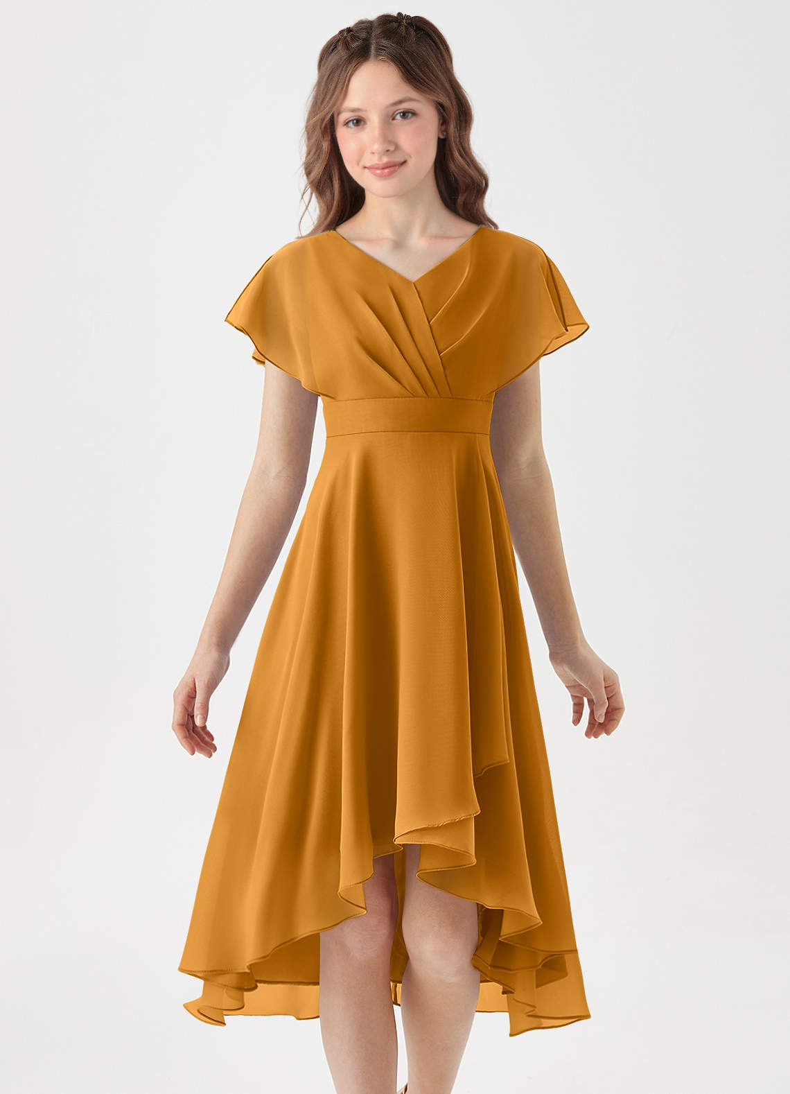 Azazie Graciela Junior Vestido Caramelo de Chiffon de Linha A com Plissado image2