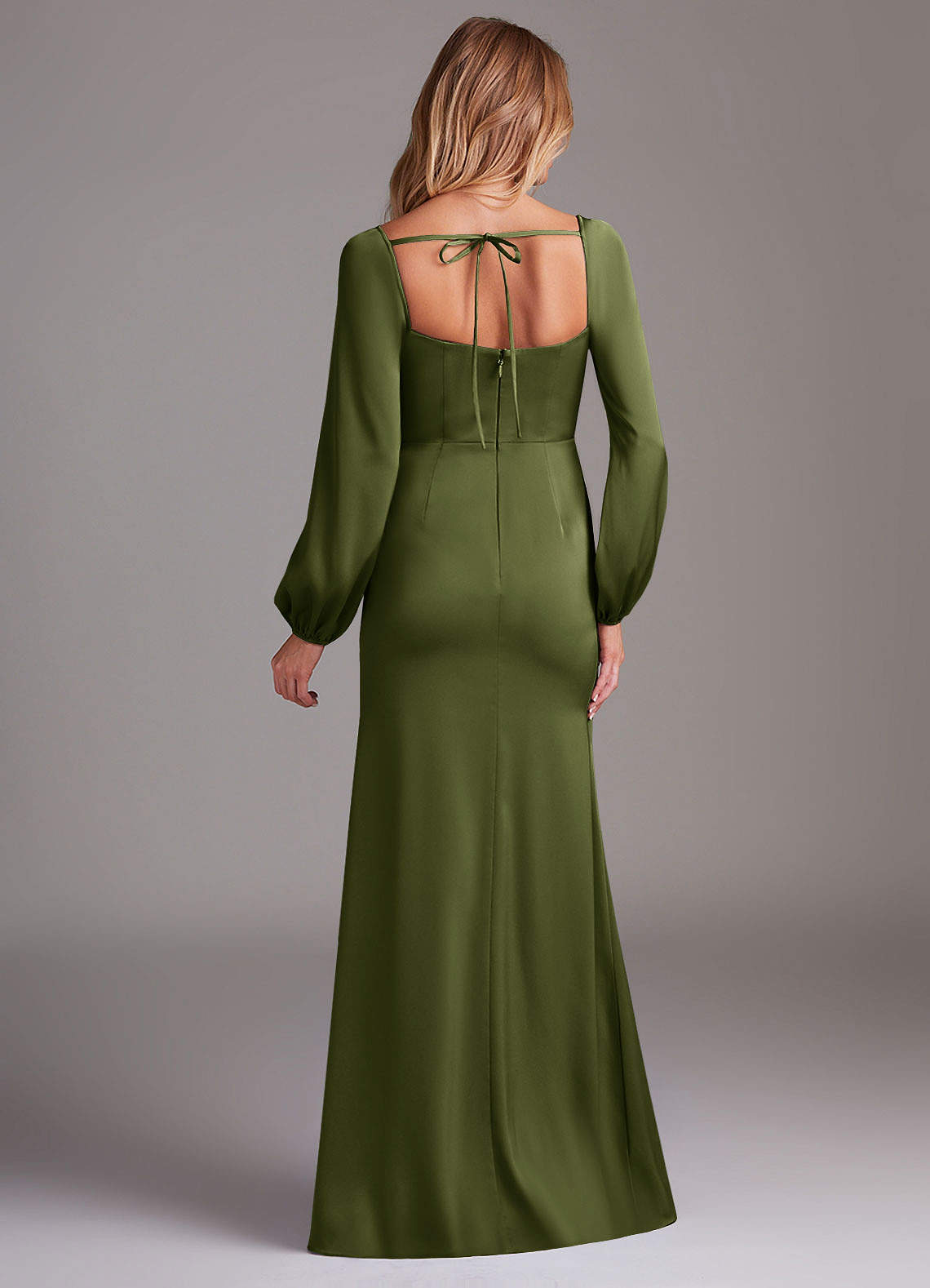 olive green satin dress long sleeve Veilorie Women's Round Neck Lantern Sleeve Waist Ruched Design Elegant Party Dress Olive Green Dresses For Women Long With Sleeves Satin Silk