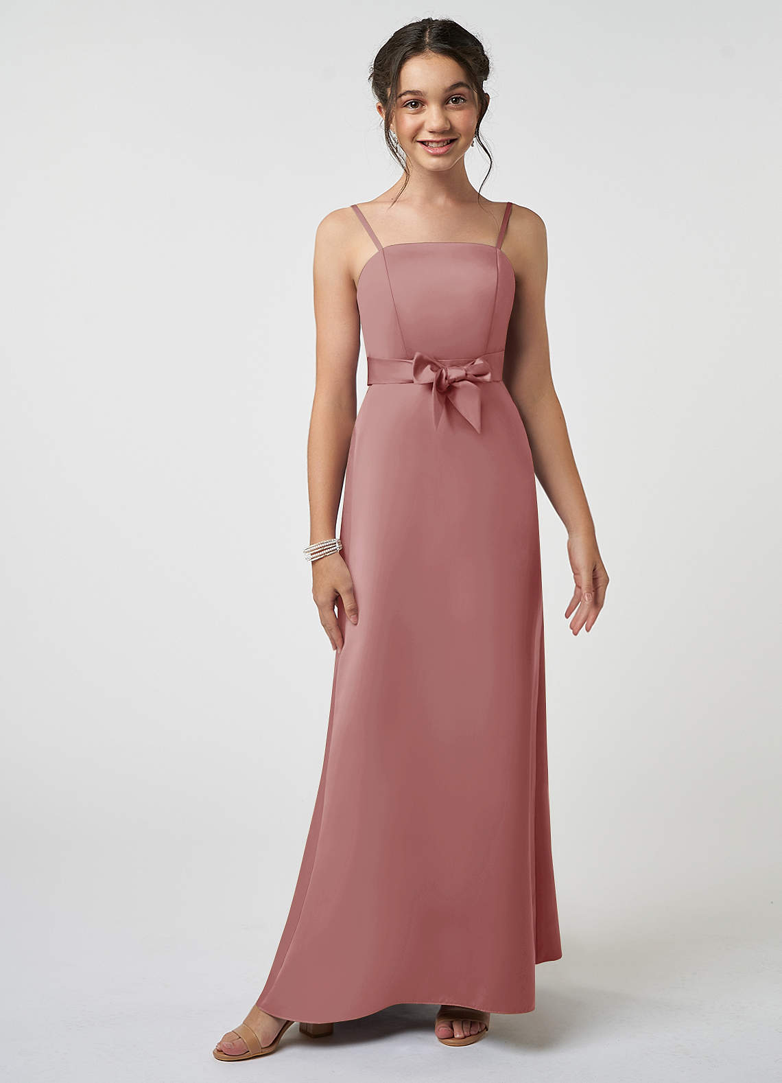 Azazie Anina Junior Dusty Rose A-Line Bow Stretch Satin Dress image1