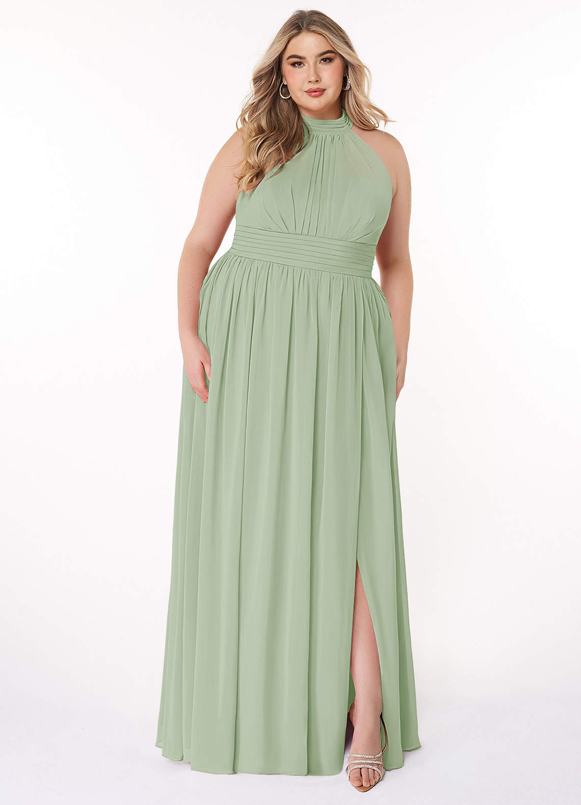 Azazie Iman Brautjungfernkleider A-Linie A-Linie Gerüscht Chiffon Kleid Staubiger Salbeigrün image1
