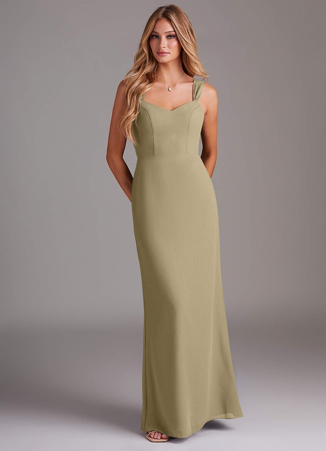 Azazie Denice Abiti da Damigella Abito Tubino in Chiffon a Pieghe Verde Muschio image1