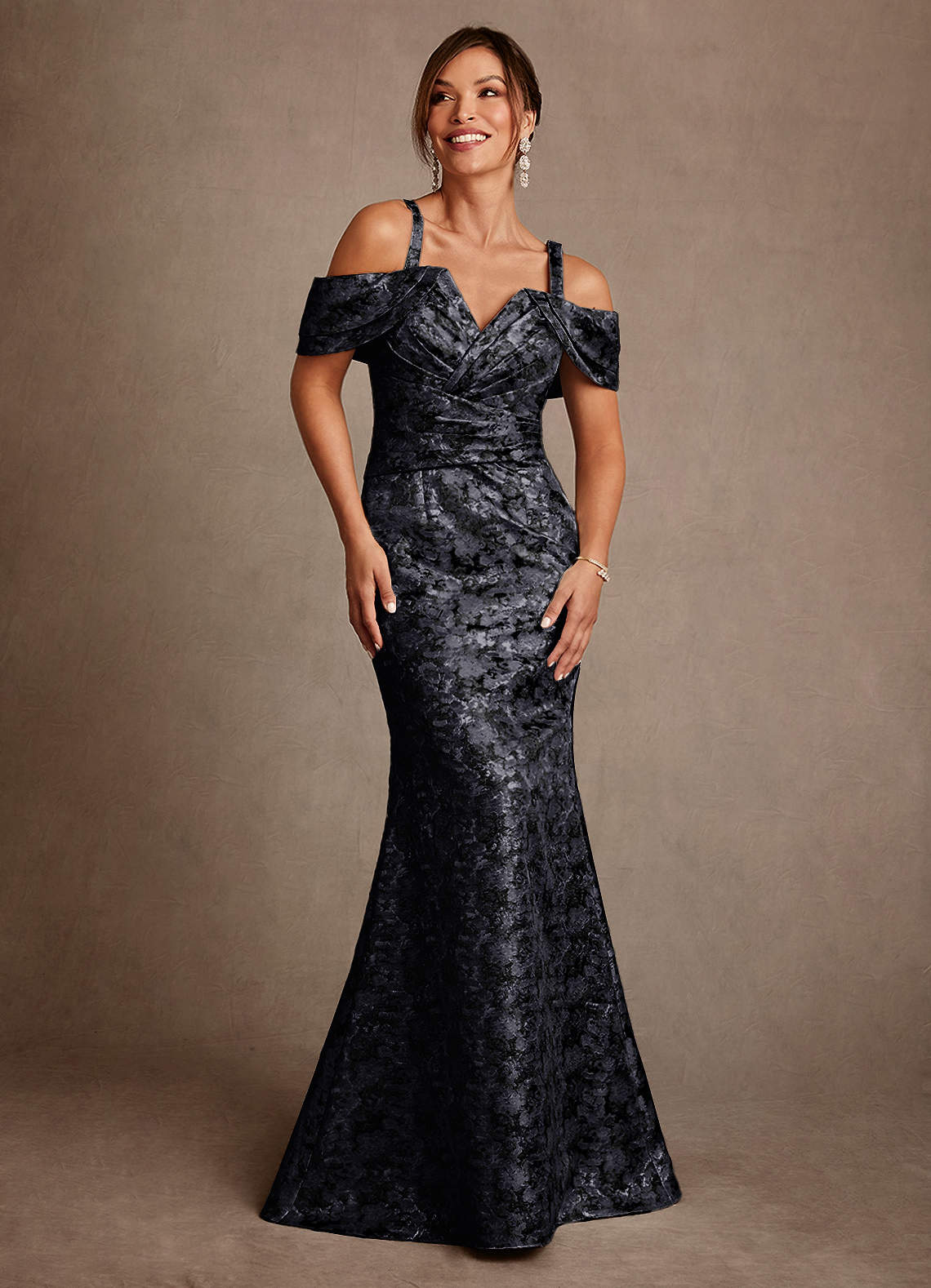 Azazie Bakersfield Black Mermaid Off the Shoulder Floral Jacquard