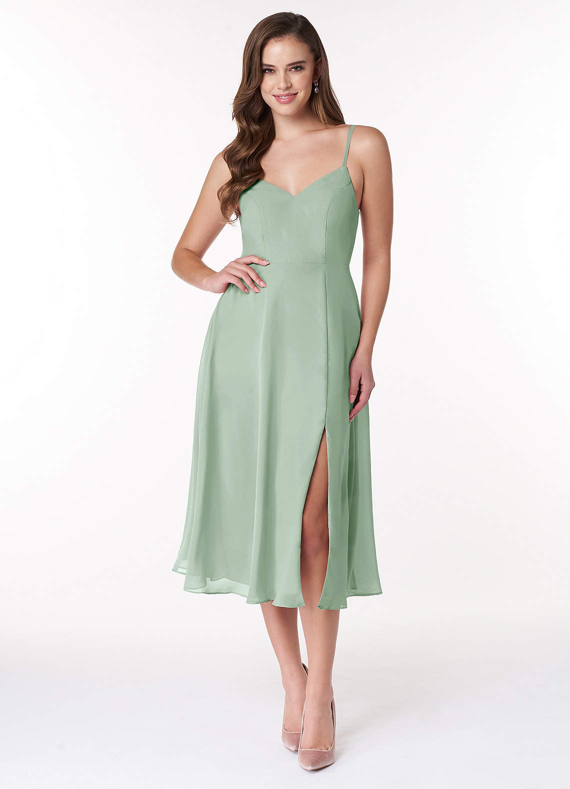 Azazie Clarissa Bridesmaid Dresses Agave A-Line V-Neck Chiffon Dress image1