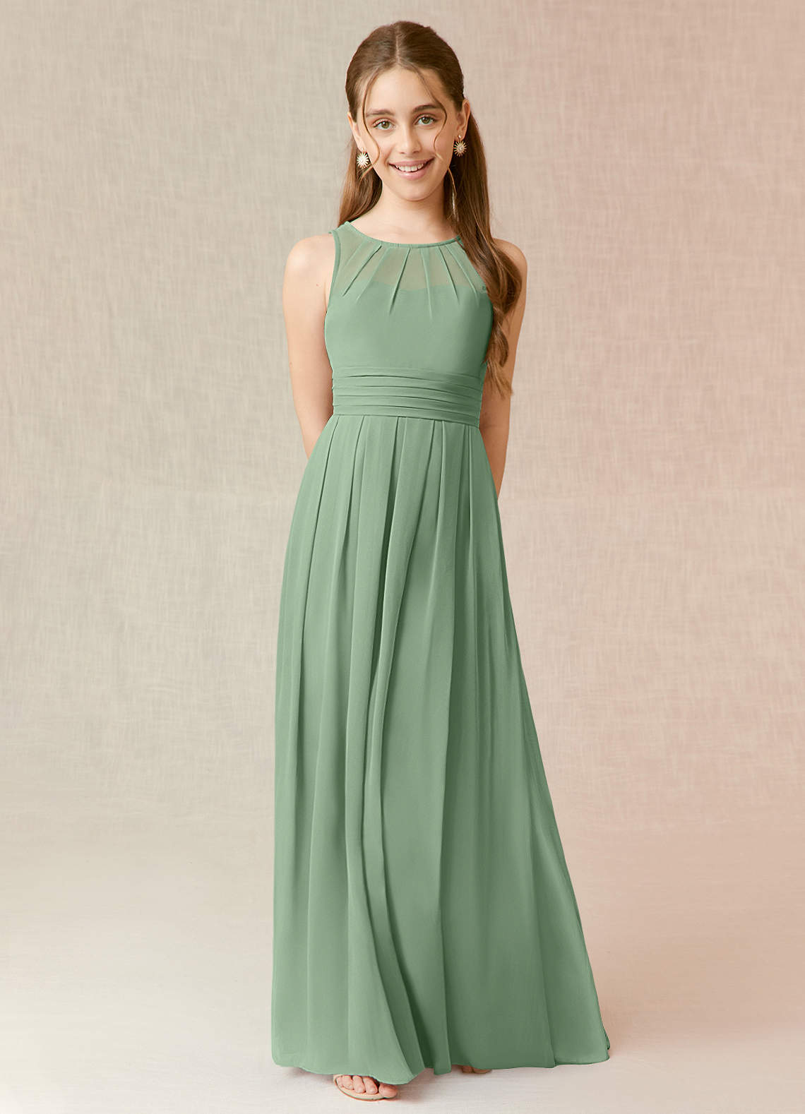 Azazie Bibiane Junior Matcha A-Line Pleated Chiffon Dress image1