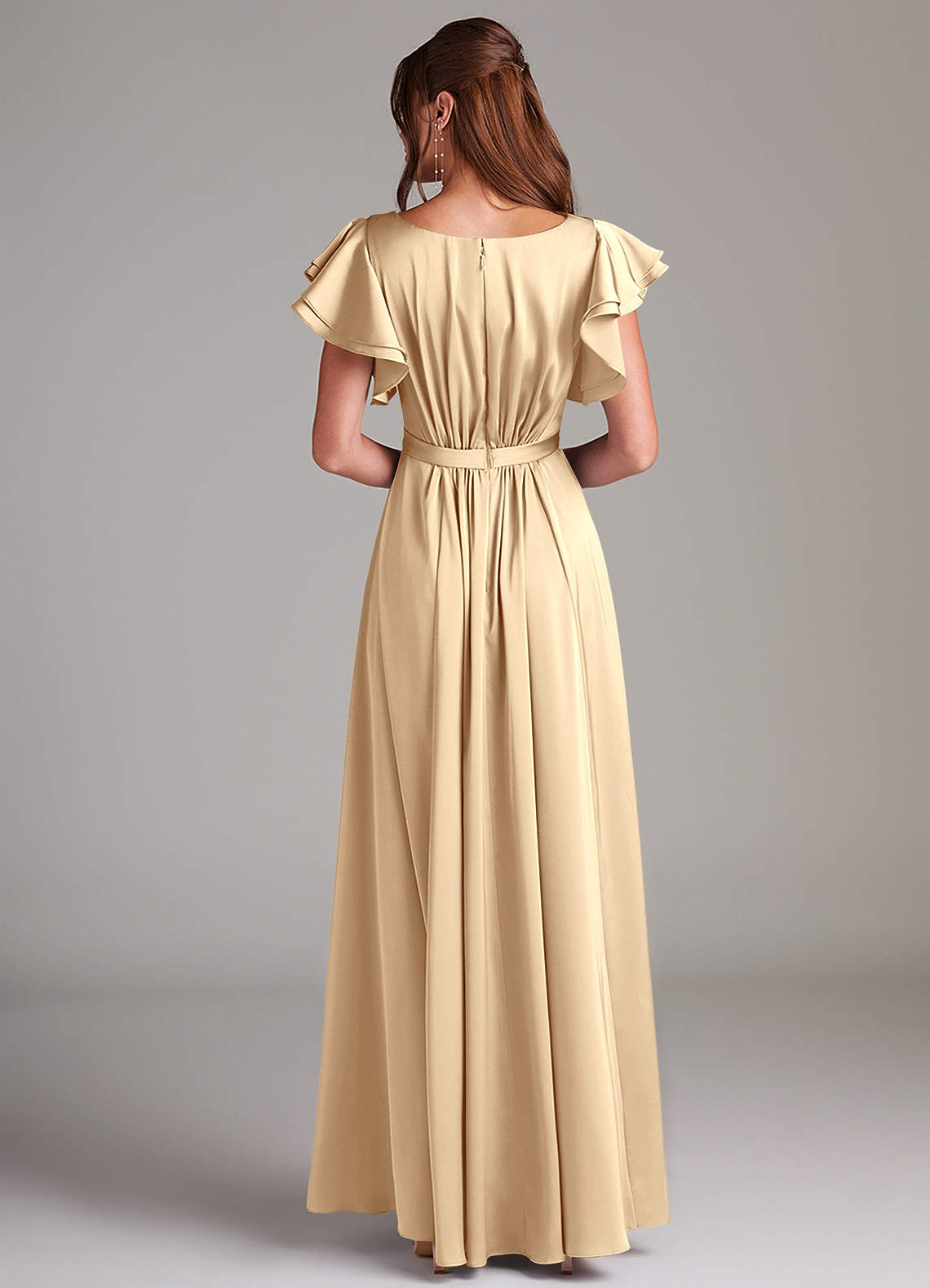 Azazie Daphne At-home Try On Dresses A-Line Ruched Stretch Satin Floor-Length Dress image5