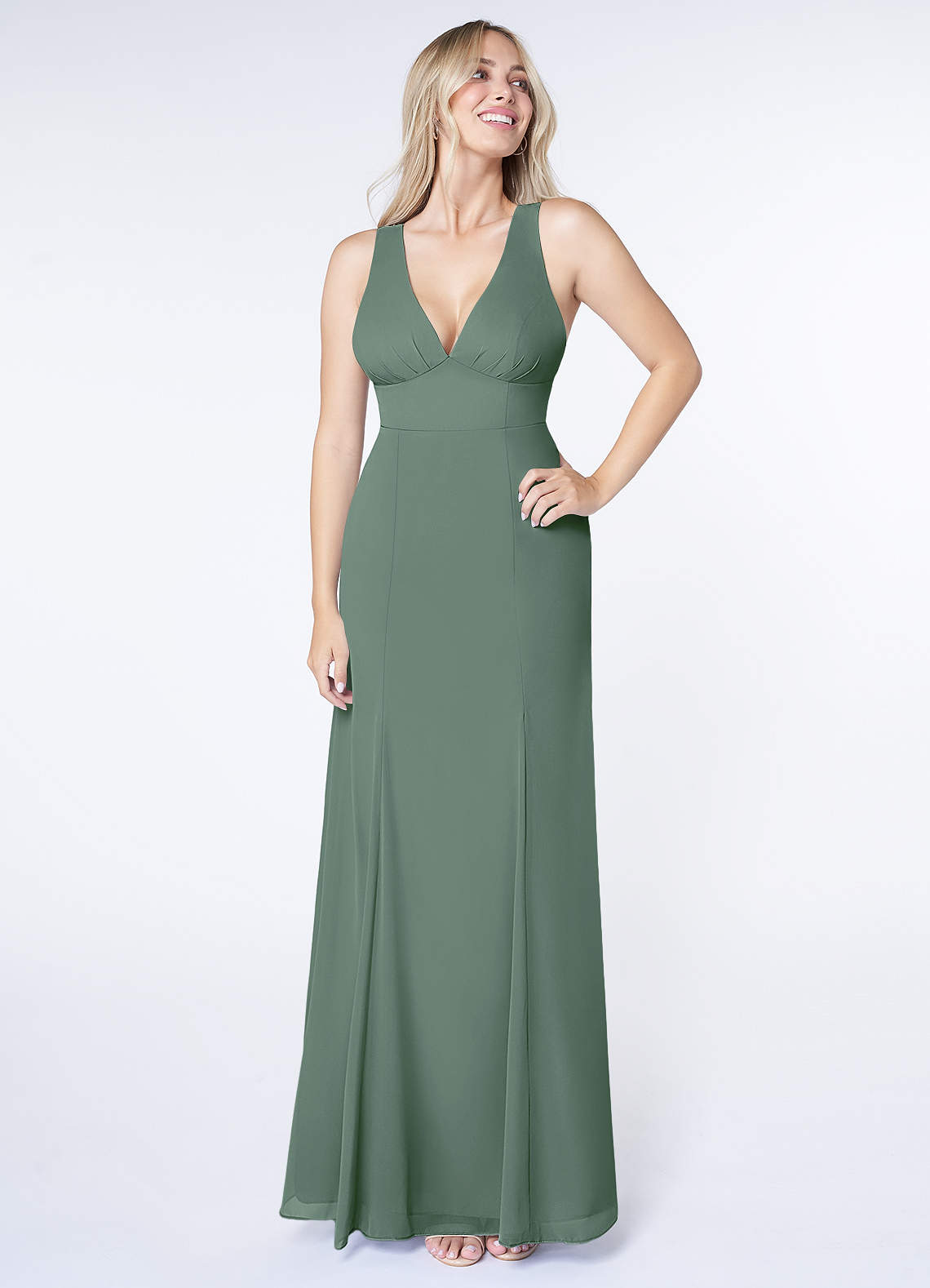 Azazie Christiana Bridesmaid Dresses Eucalyptus A-Line V-Neck Pleated Chiffon Dress image1