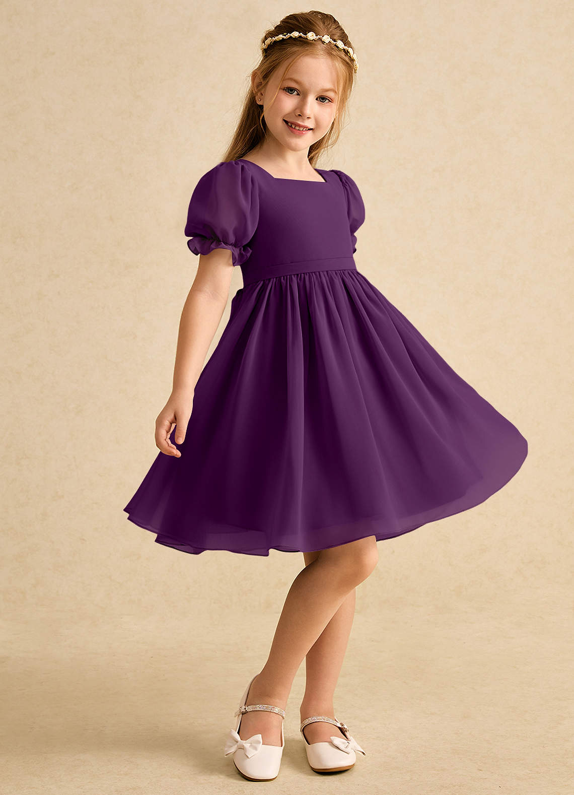 Azazie Jolie Flower Girl Dresses Grape A-Line with Sleeves Chiffon Dress image1