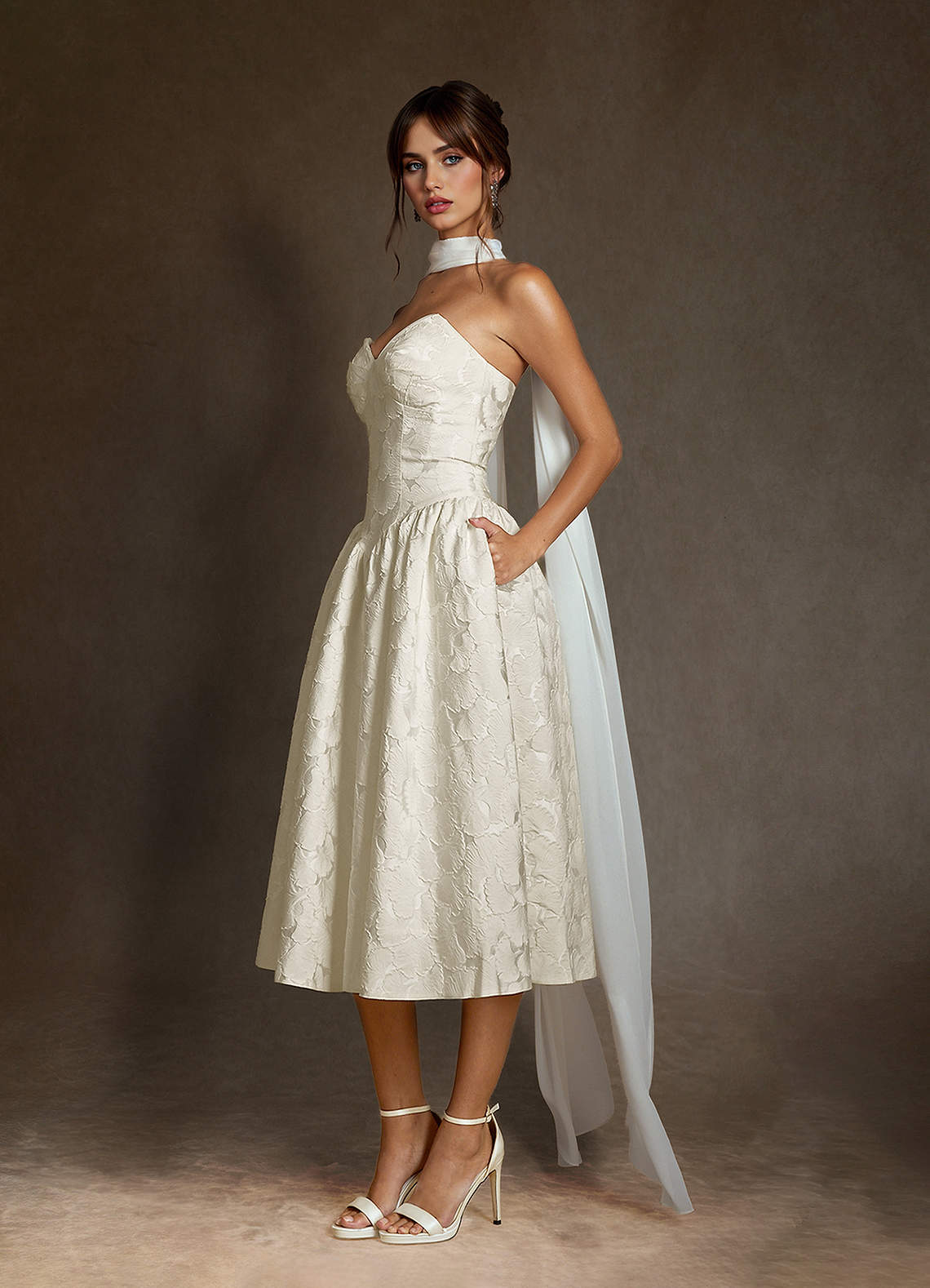 Azazie 2026 A-Line Little White Dresses Champagne Modern Wedding Dress Tea-Length Chiffon Strapless Belt/Sash