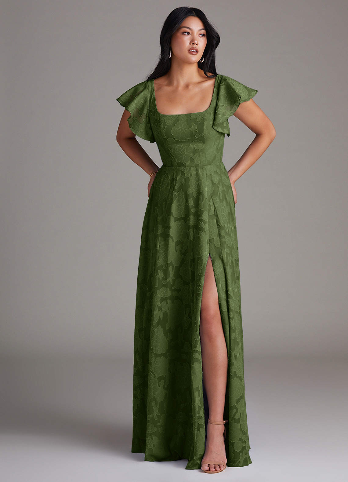 Azazie Bondi Vestidos de madrinha de casamento Vestido Oliva de Esgotamento Floral de Linha A com Fenda Lateral image3