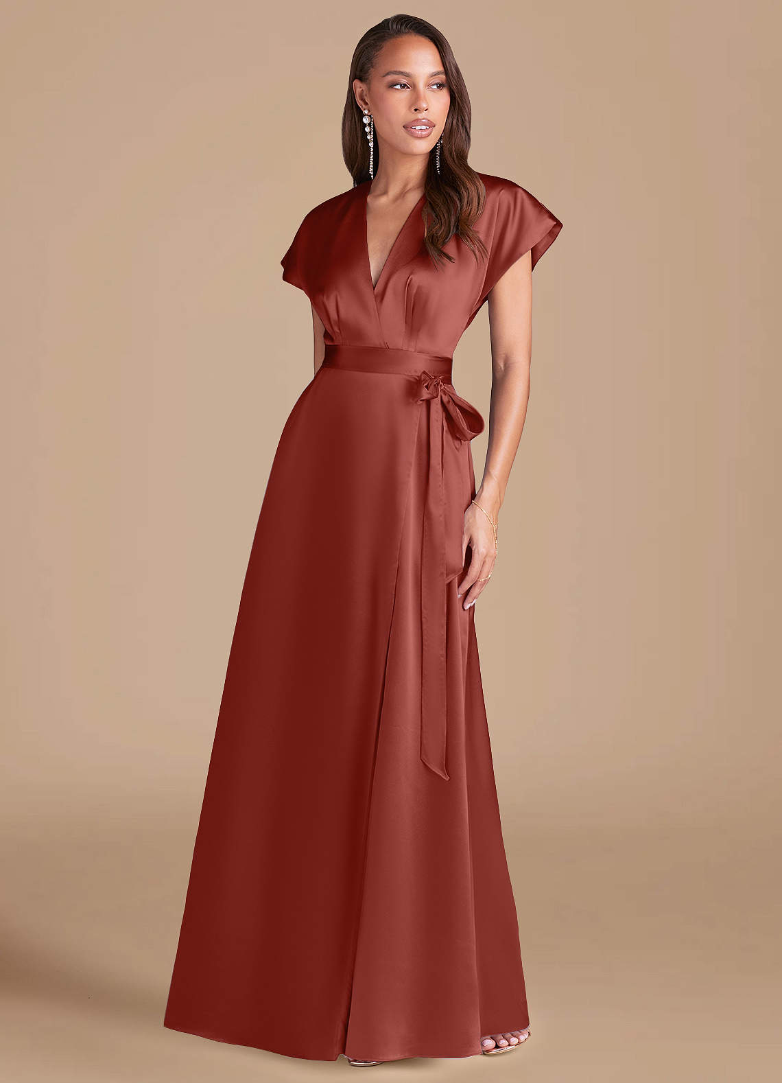 Azazie Nico Bridesmaid Dresses Terracotta A-Line Pleated Metallic Satin Dress image1