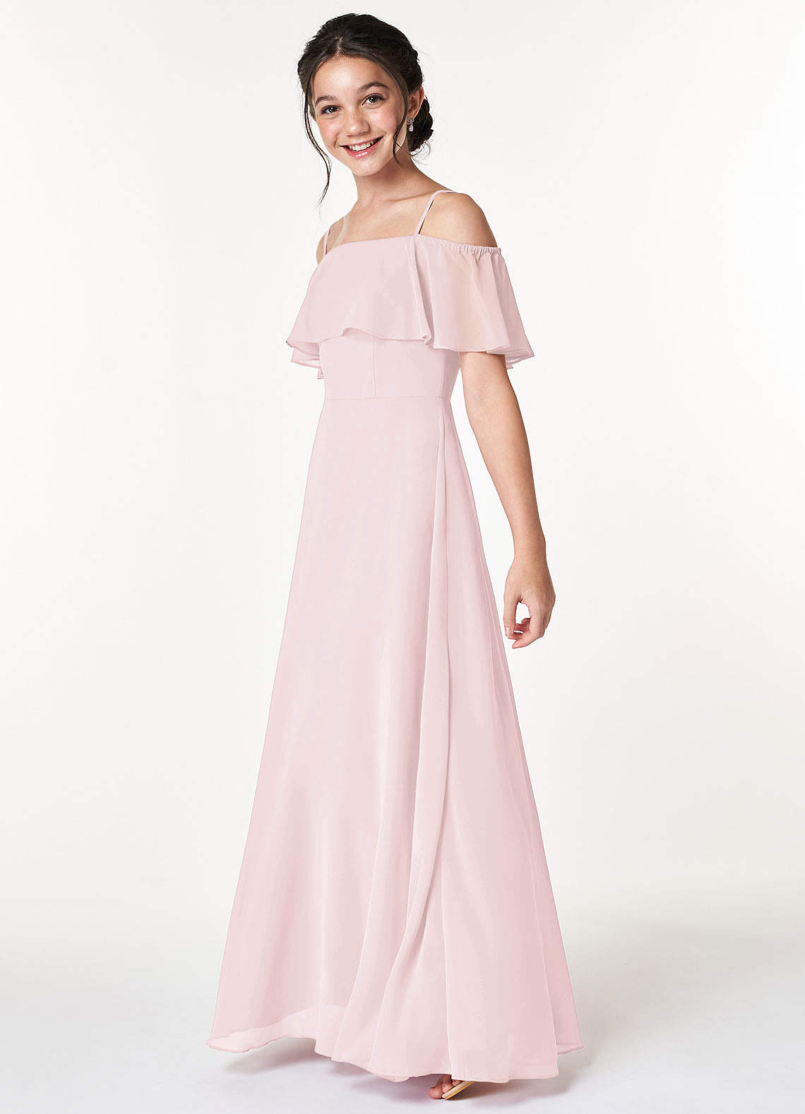 Azazie Maggie Junior Blushing Pink A-Line Off the Shoulder Chiffon Dress image4