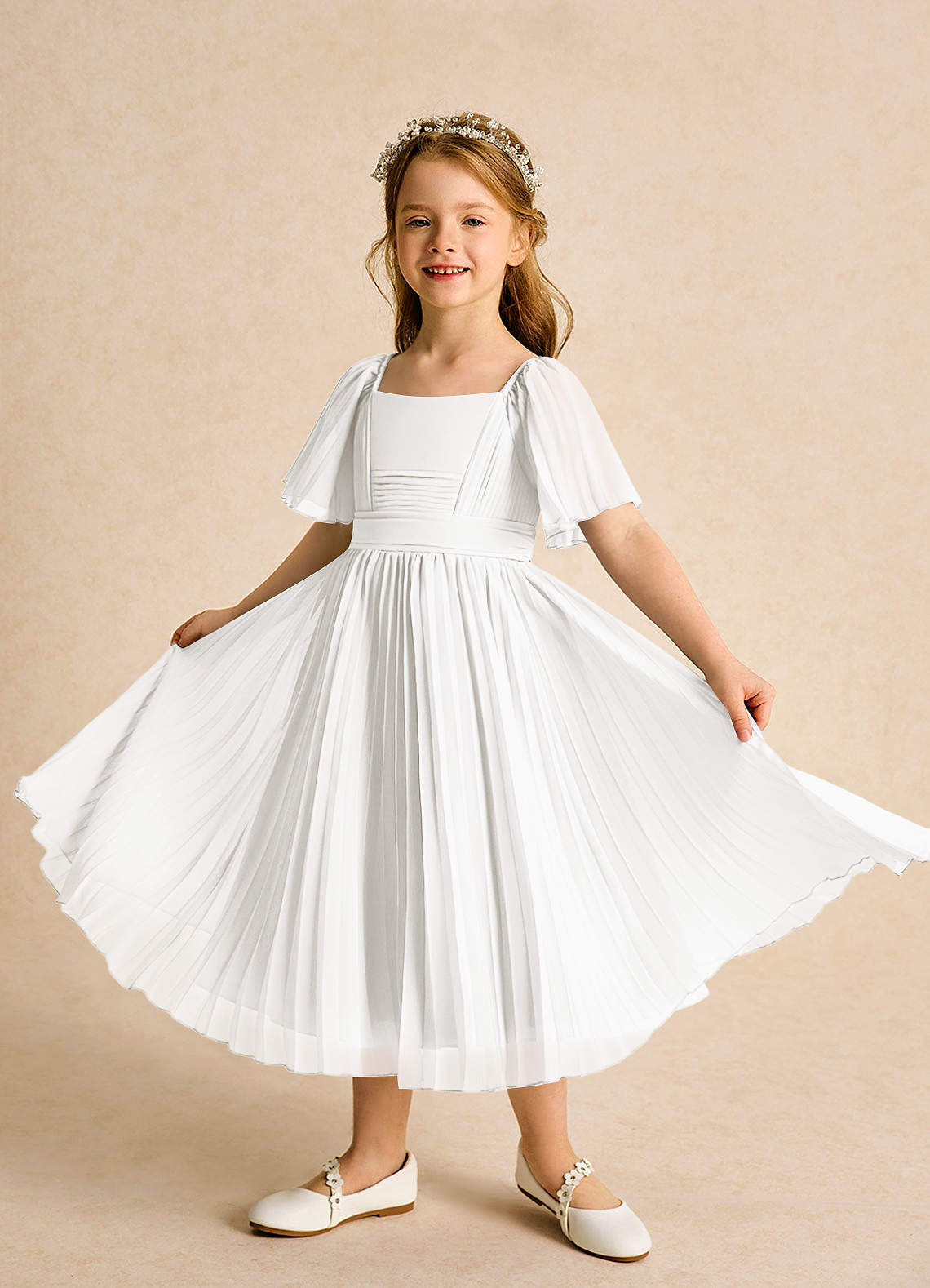 Azazie Gisele Abiti da Ragazza di Fiori Abito A-Line in Chiffon Plissettato Avorio image3