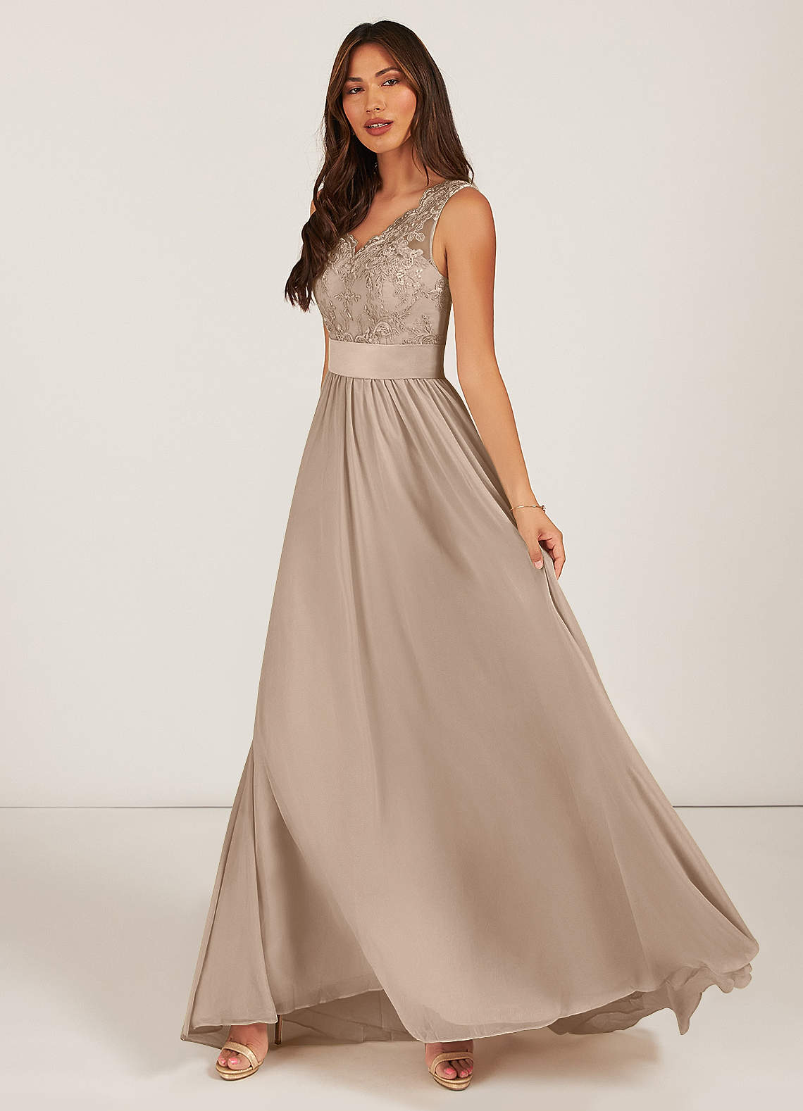 taupe lace bridesmaid dresses Lace & Beads Bridesmaid tulle sleeveless plunge neck tiered maxi dress in taupe
