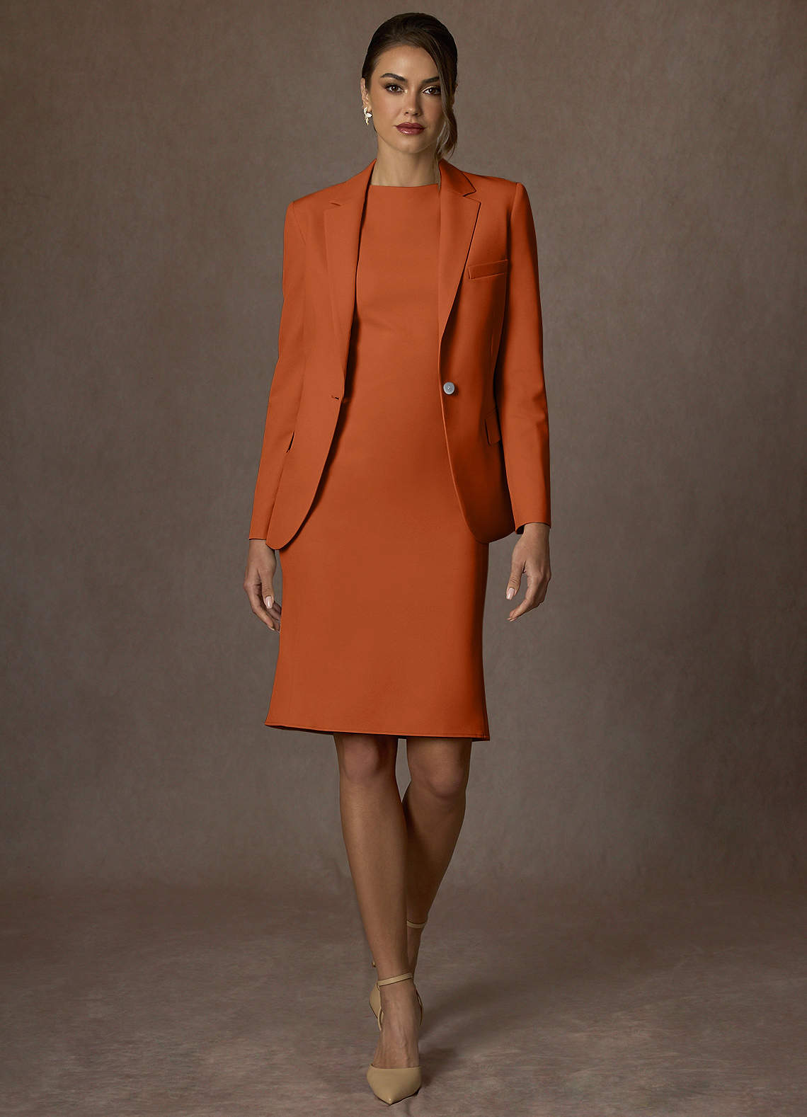 front Kennedy Burnt Orange Structured Stretch Dress