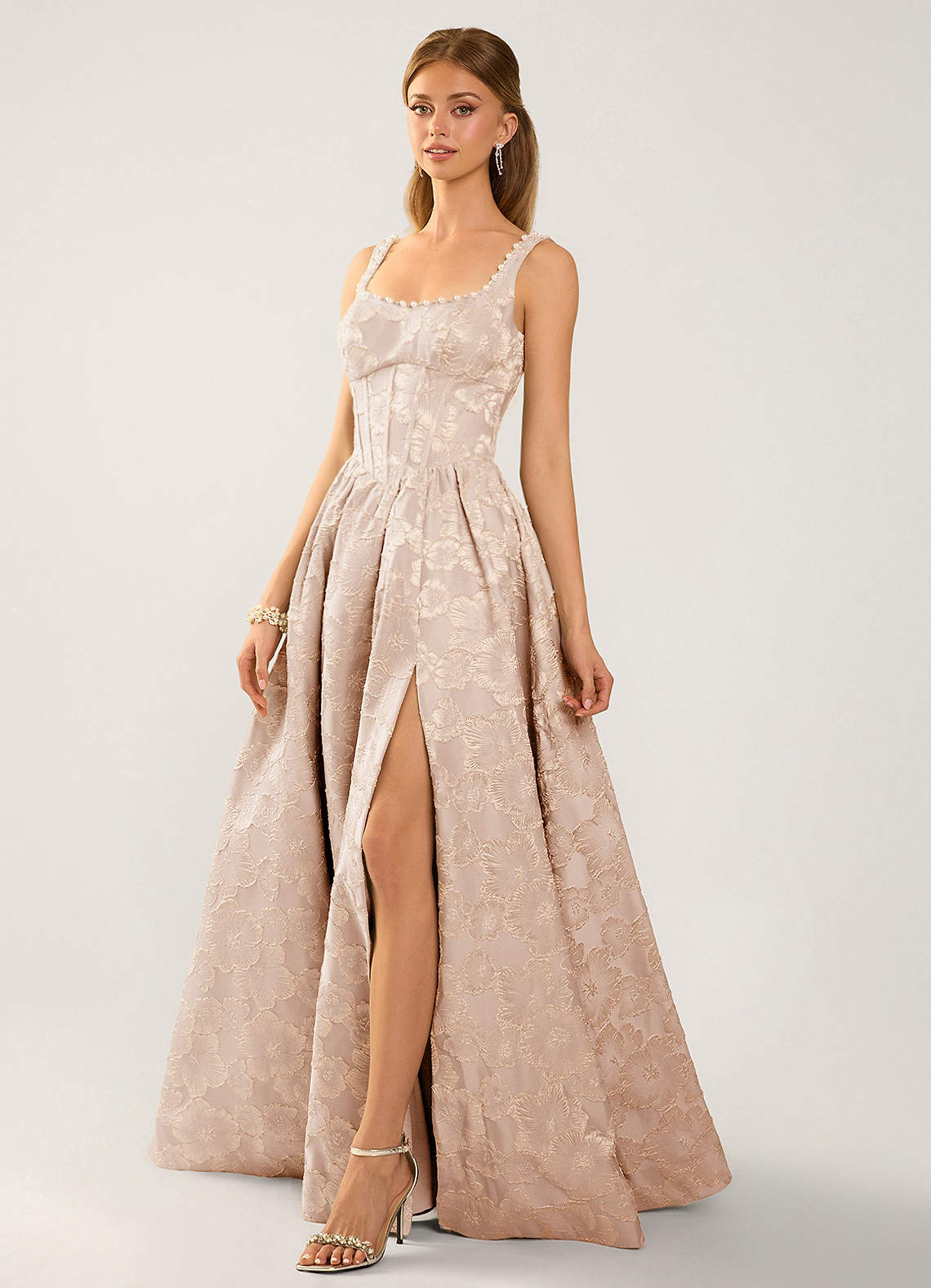 cream lace prom dress Cimaya Gilded A-Line Pearl Jacquard Slit Beige dress Vivian V-Neck Gown – Size:19.5