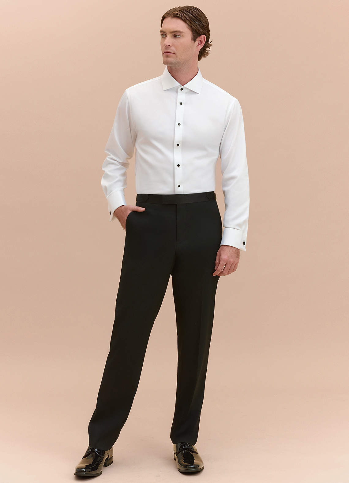 front Henry White Stud-Front Cotton Tuxedo Shirt