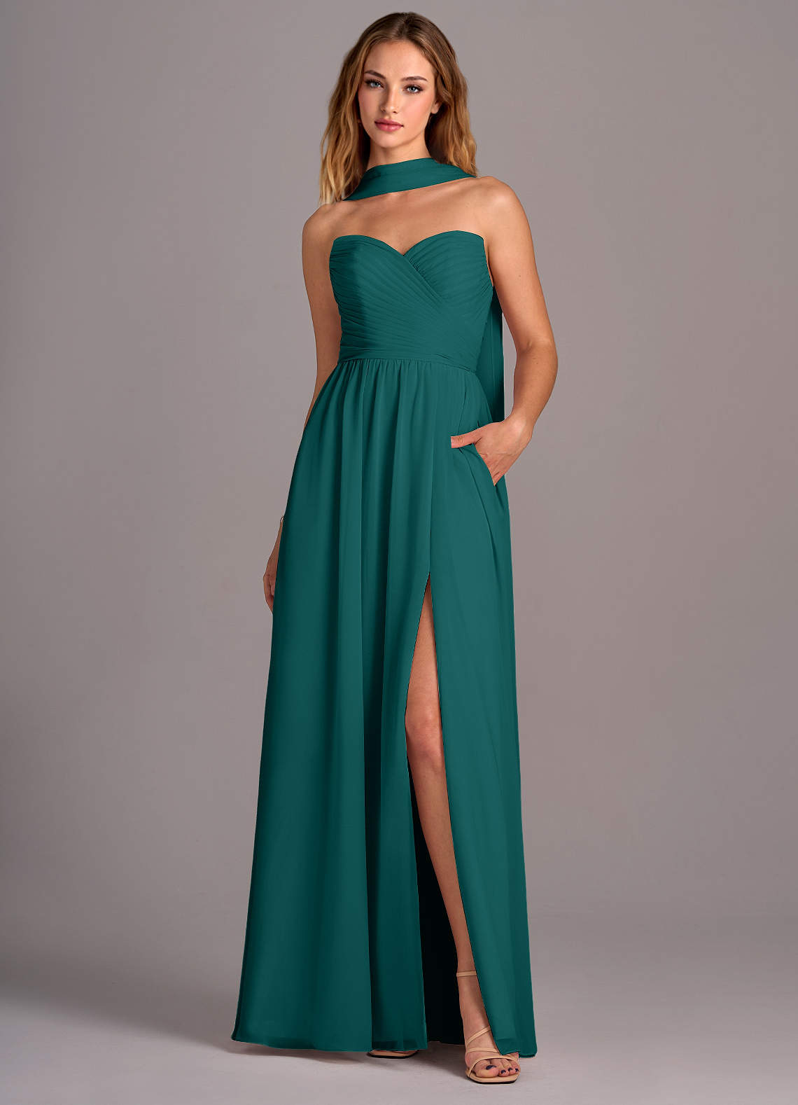 Azazie Joni Bridesmaid Dresses Peacock A-Line Strapless Chiffon Convertible Dress image1