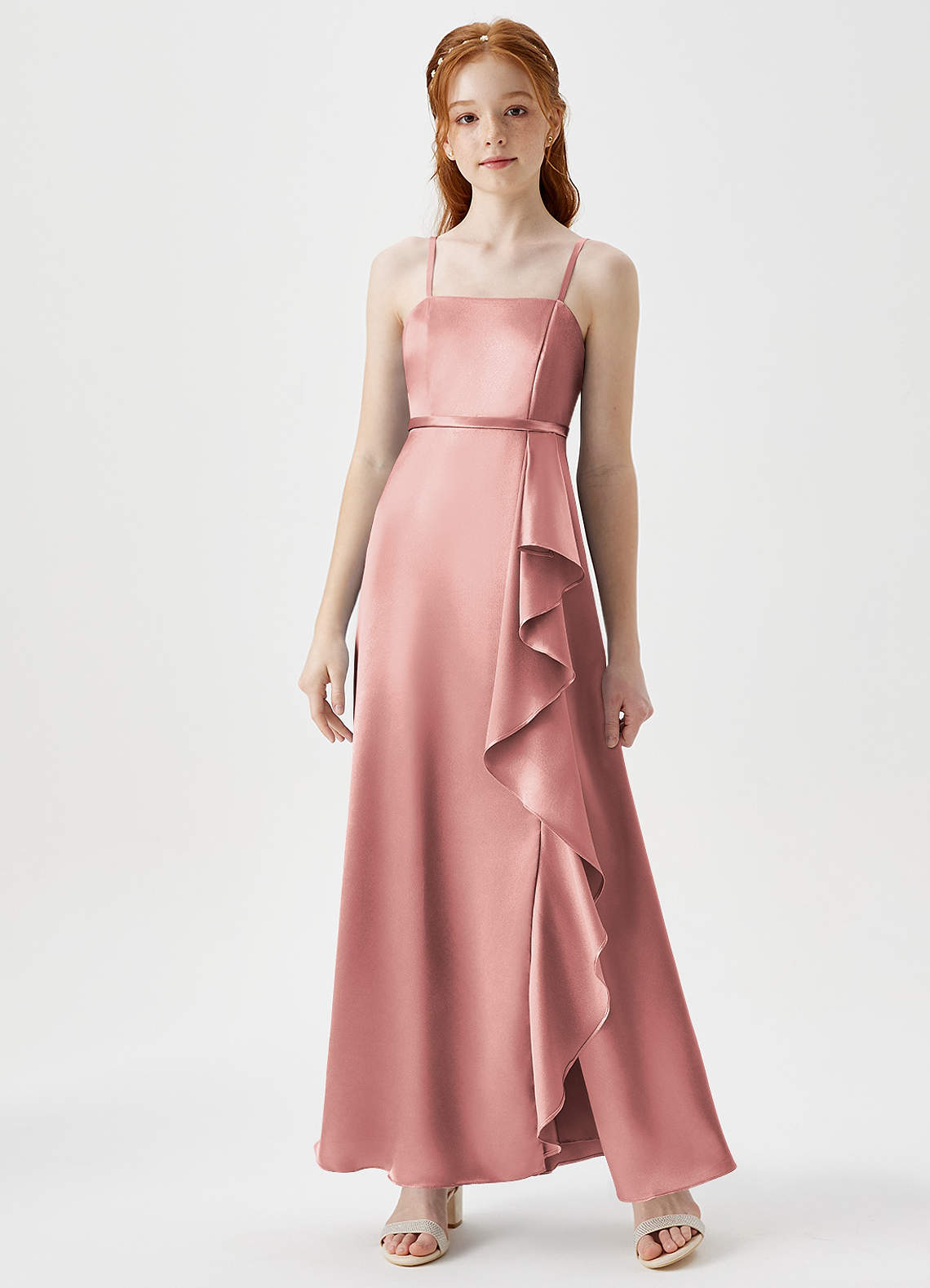 Azazie Kaylee Junior Dusty Rose A-Line with Belt Metallic Satin Dress image1