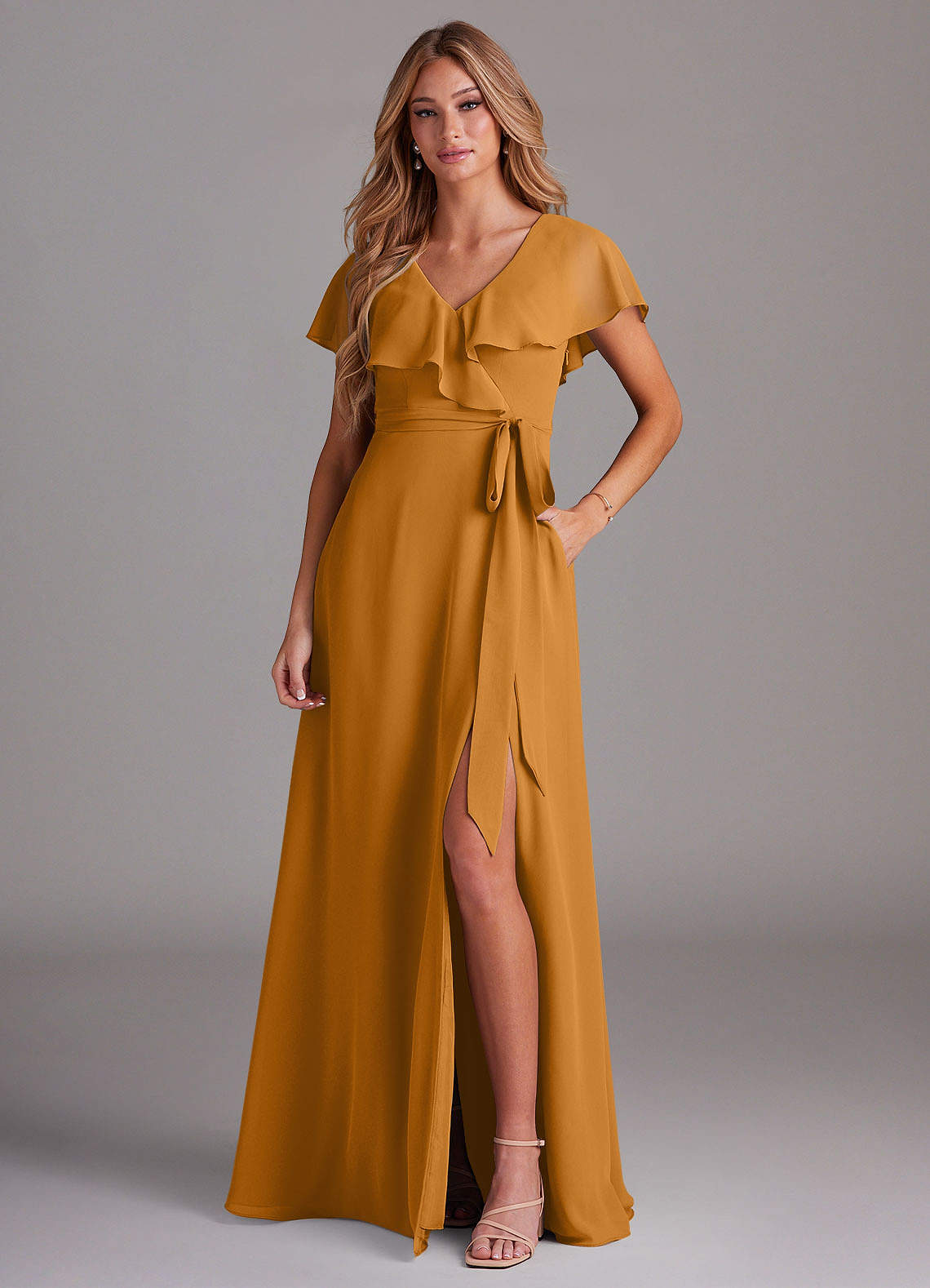 Azazie Lainey Bridesmaid Dresses Butterscotch A-Line with Pockets Chiffon Dress image1