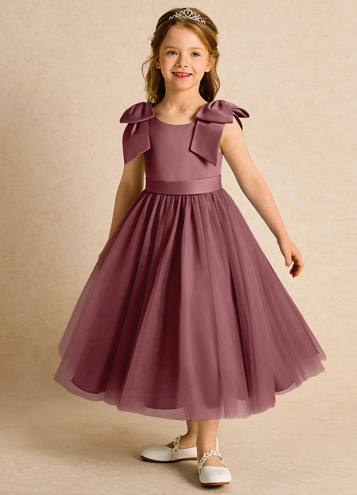 Azazie Serene Flower Girl Dresses Desert Rose Ball-Gown Bow Matte Satin Dress image1