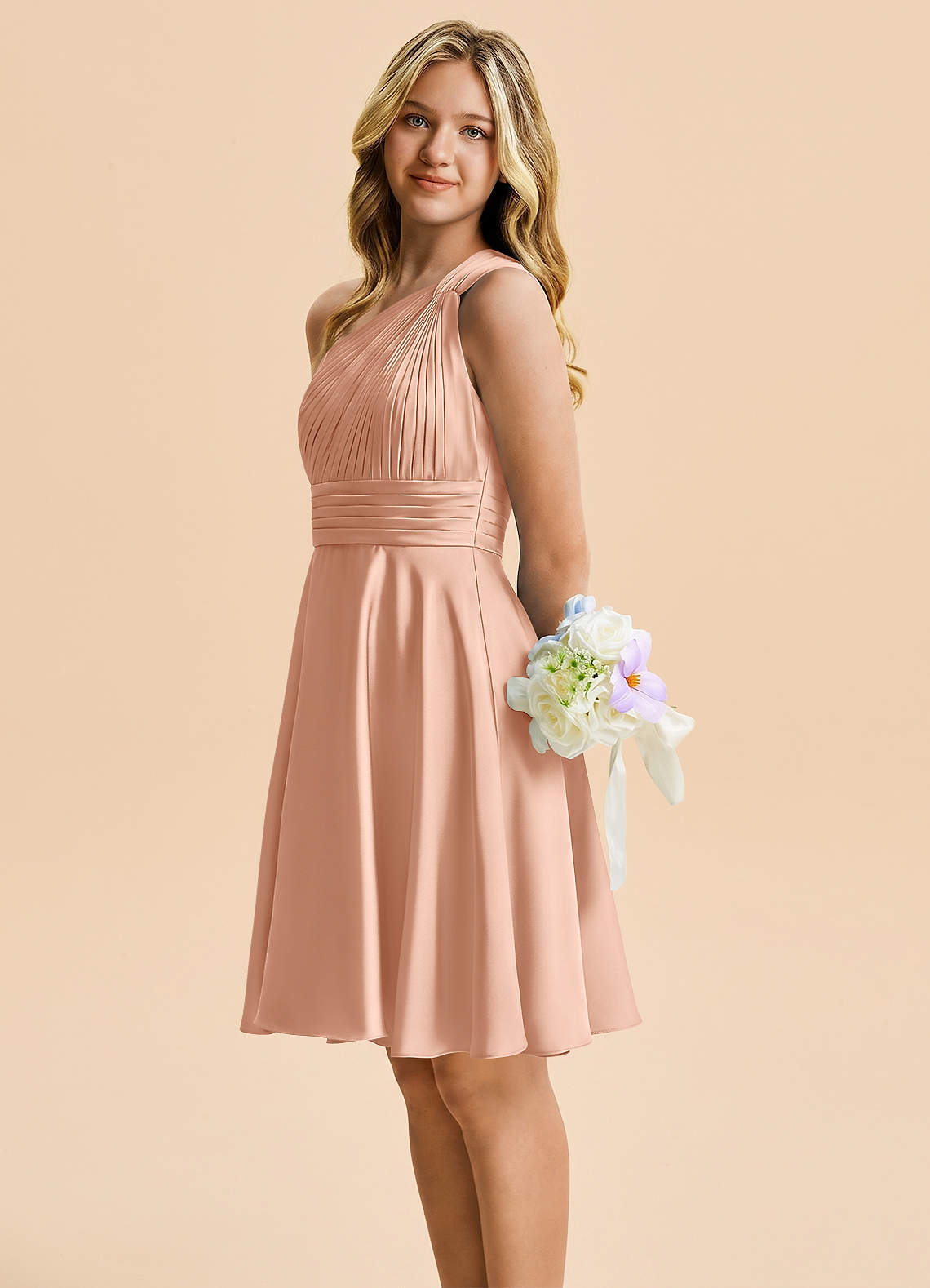 rose gold dress knee length Azazie Charlize Junior Bridesmaid in semi formal rose gold dress