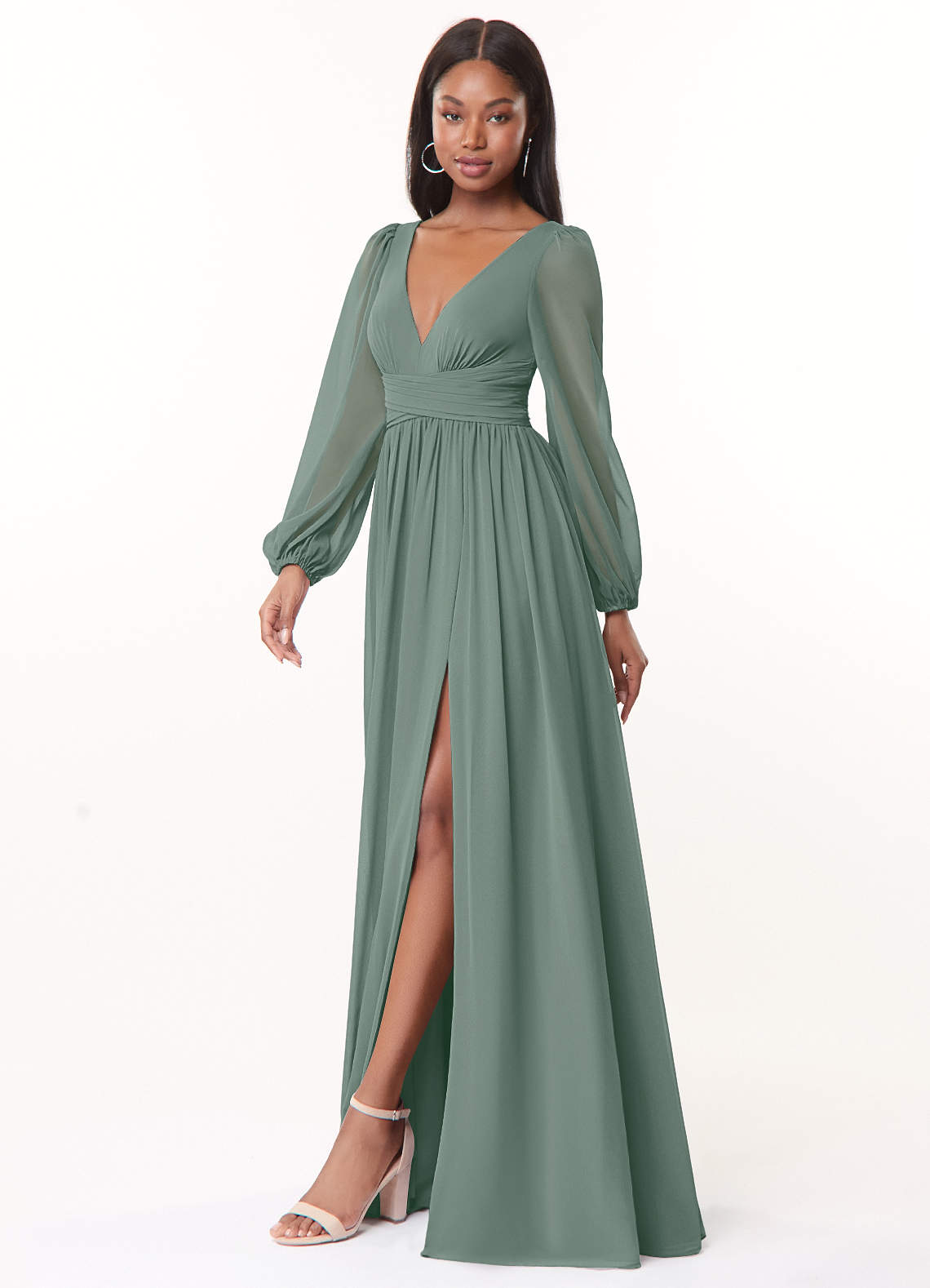 long grey chiffon bridesmaid dresses Azazie Norah Silver Sage Size:56 Long Jacket Order fabric swatches today _okendo:syndication_key:CL136909002 Elegant Red Cross Halter
