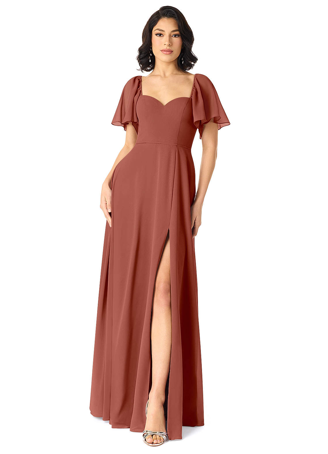 Azazie Chloe Abiti da Damigella Abito A-Line in Chiffon Scollo a Cuore Auburn image1
