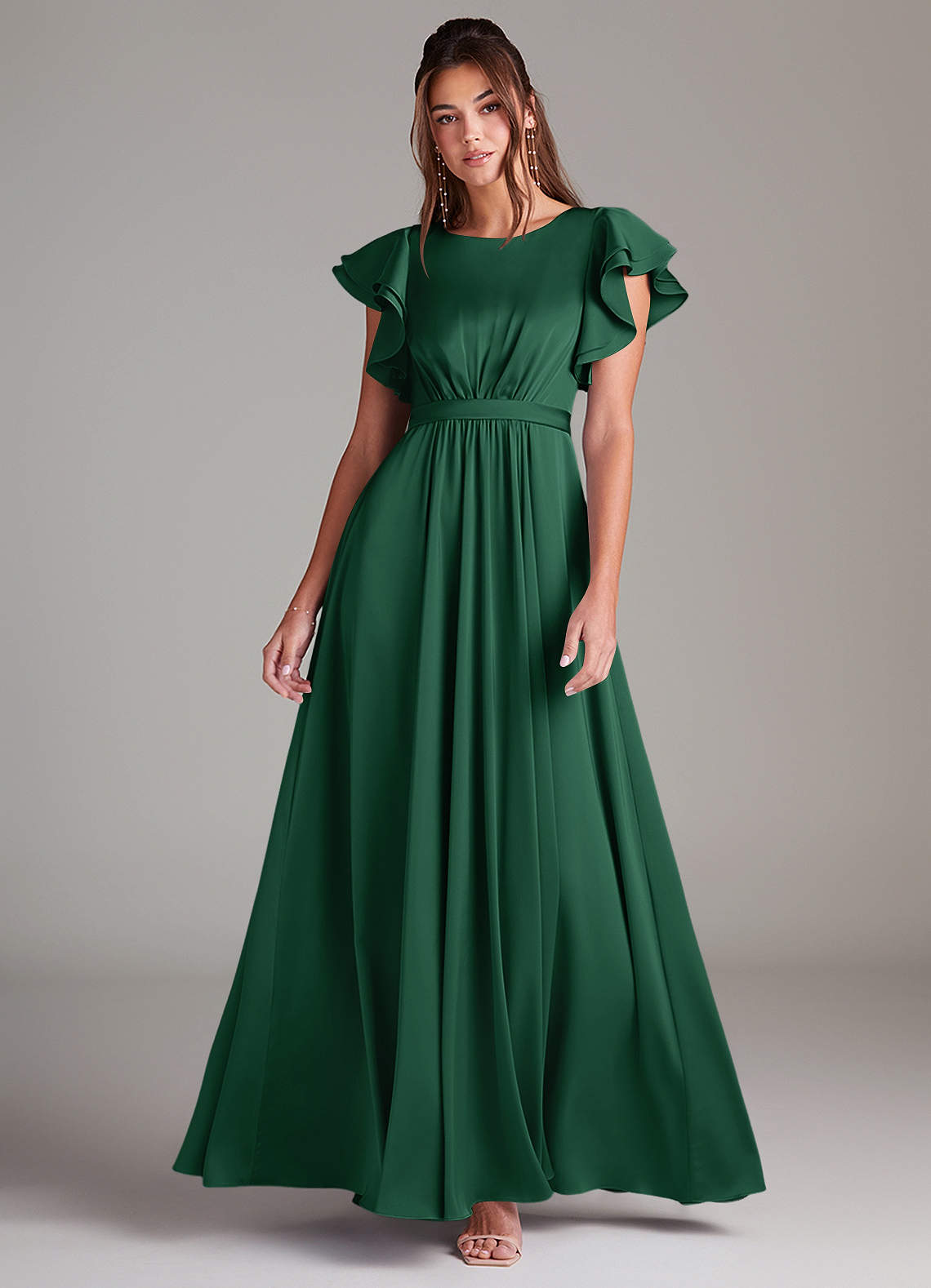 Azazie Daphne vestidos de dama de honor modestos Vestido de Corte En A Volante Hasta el suelo Satén Elástico image1
