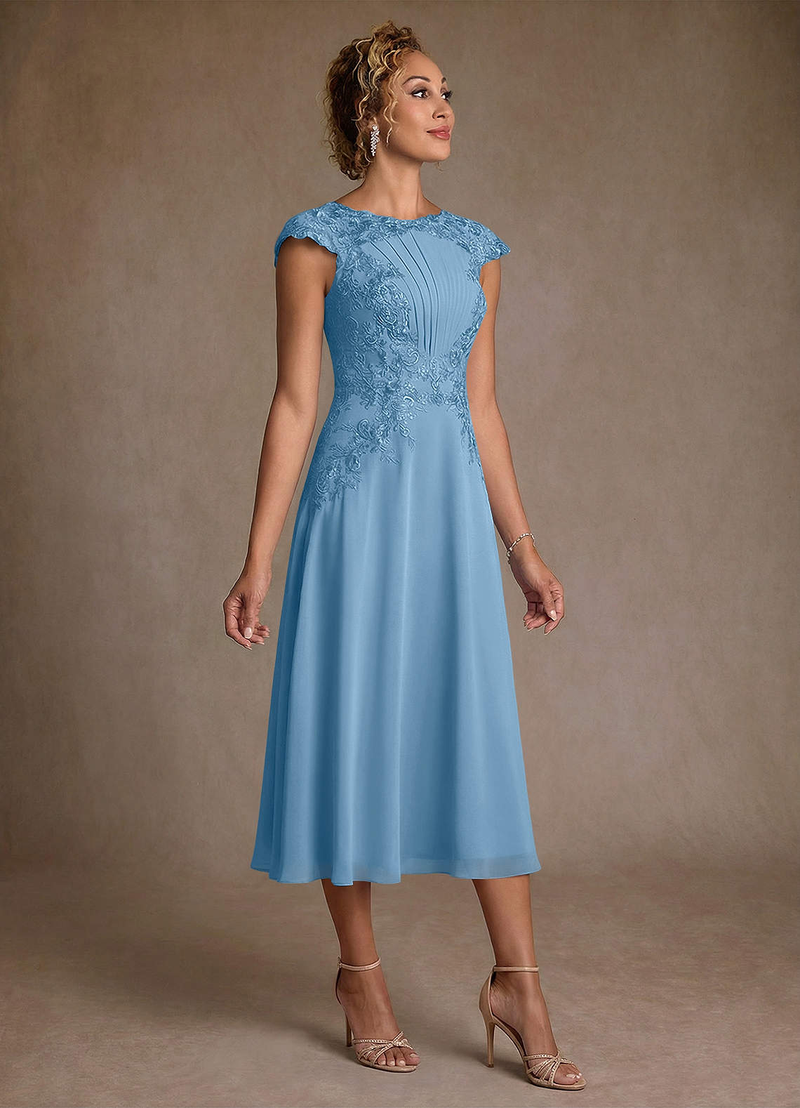 Azazie Crista Mother of the Bride Dresses Steel Blue A-Line Lace Chiffon Dress image2