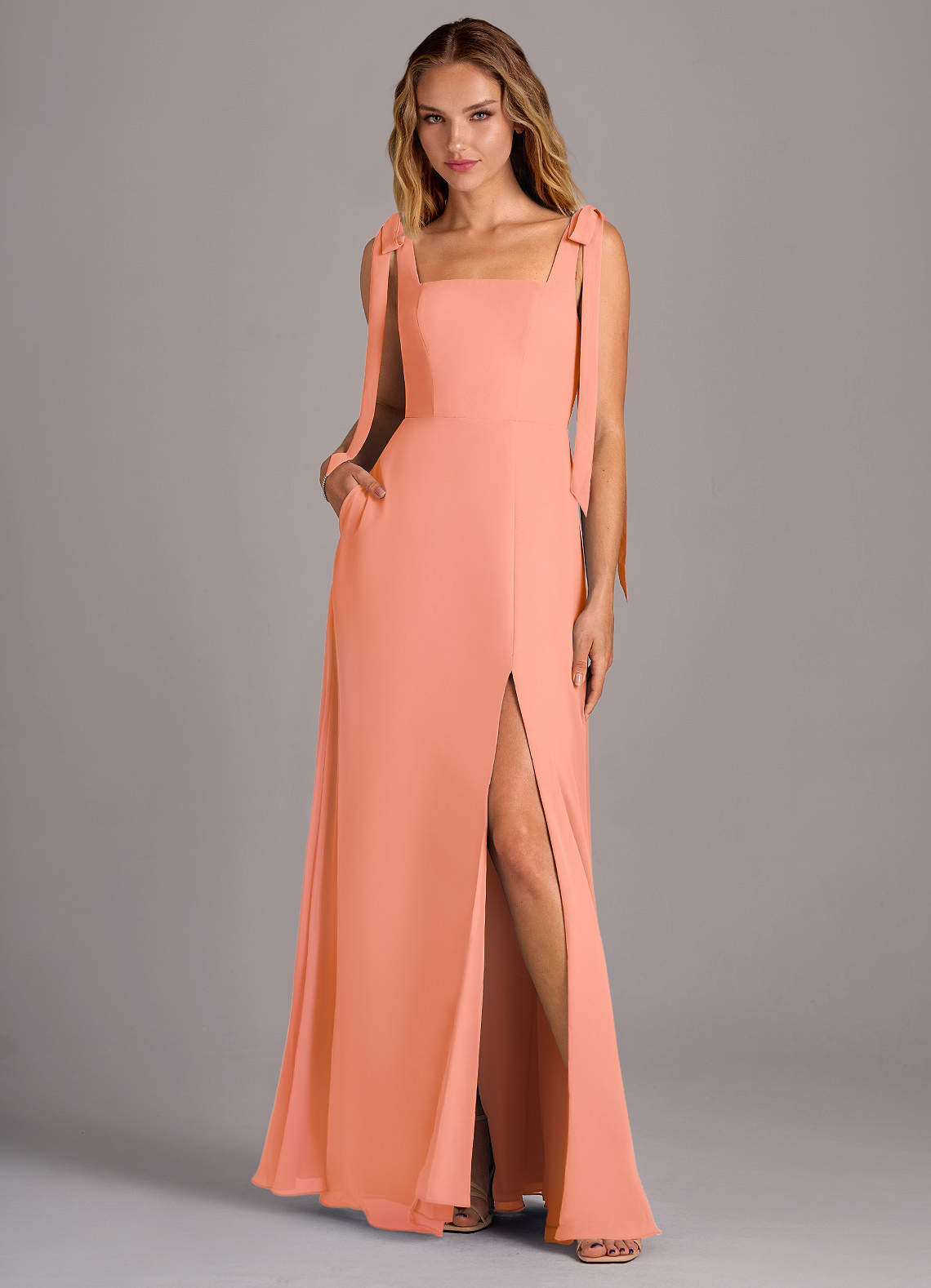 Azazie Debra Bridesmaid Dresses Sunset A-Line with Pockets Chiffon Convertible Dress image1