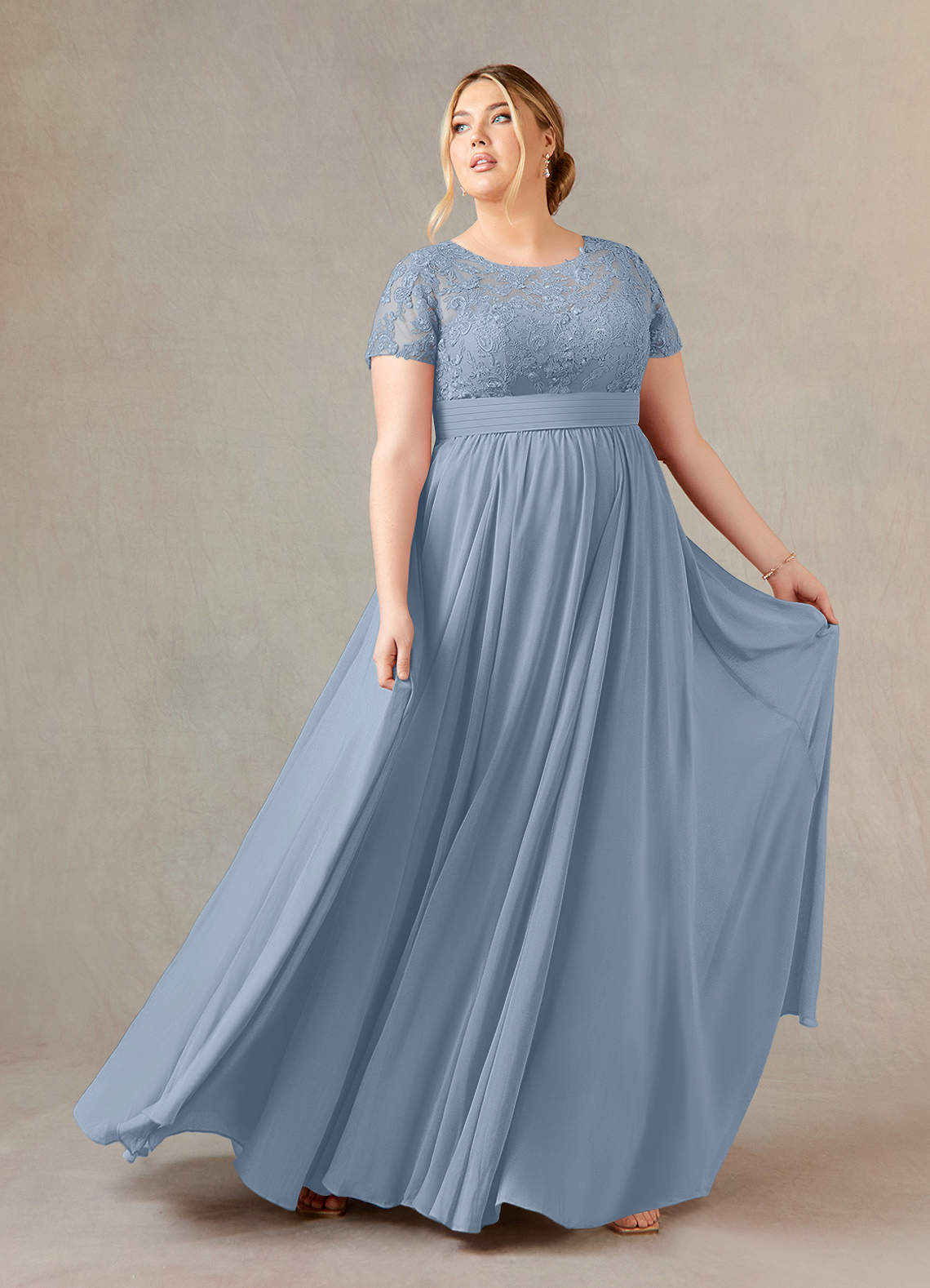 Azazie Annette Abiti per la Madre della Sposa Abito A-Line in Chiffon Pizzo Blu Polveroso image1