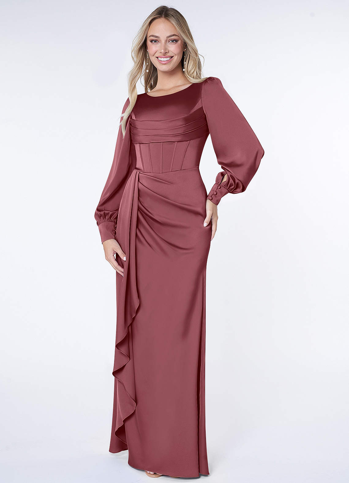 Azazie Raye Bridesmaid Dresses Desert Rose Mermaid Long Sleeve Stretch Satin Dress image1