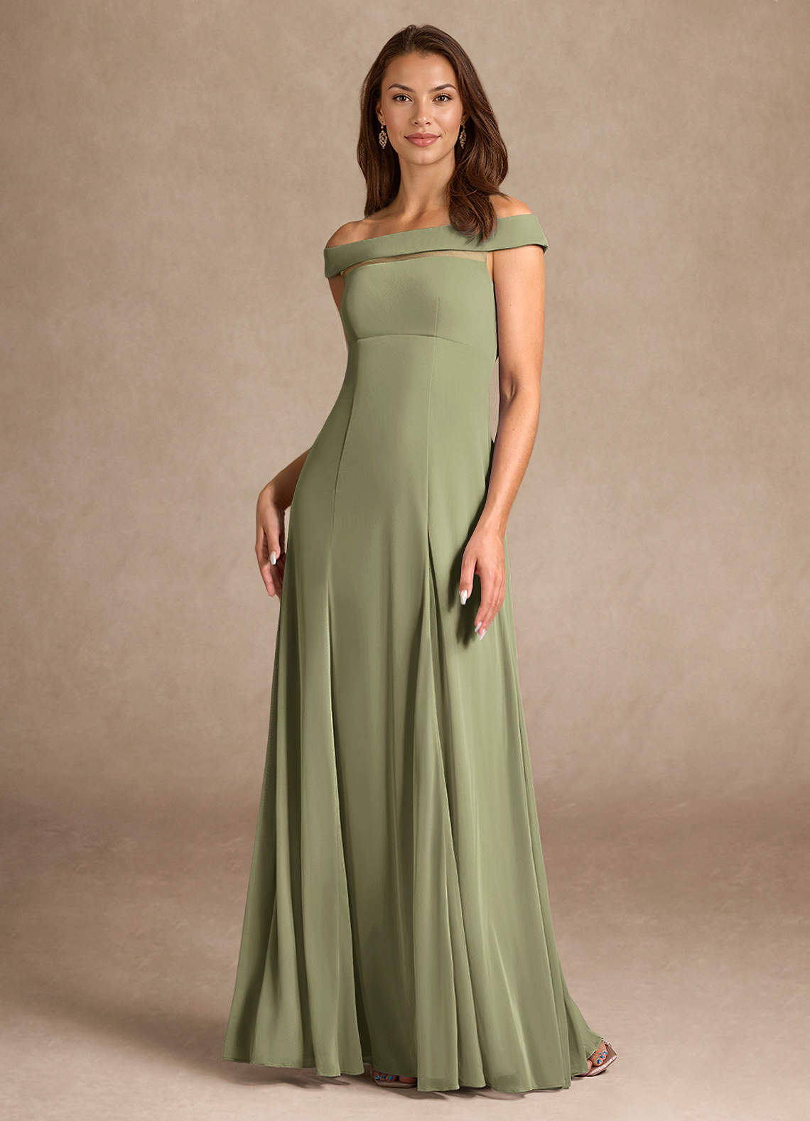Azazie Ewa Mother of the Bride Dresses Pistachio A-Line Off the Shoulder Mesh Dress image1