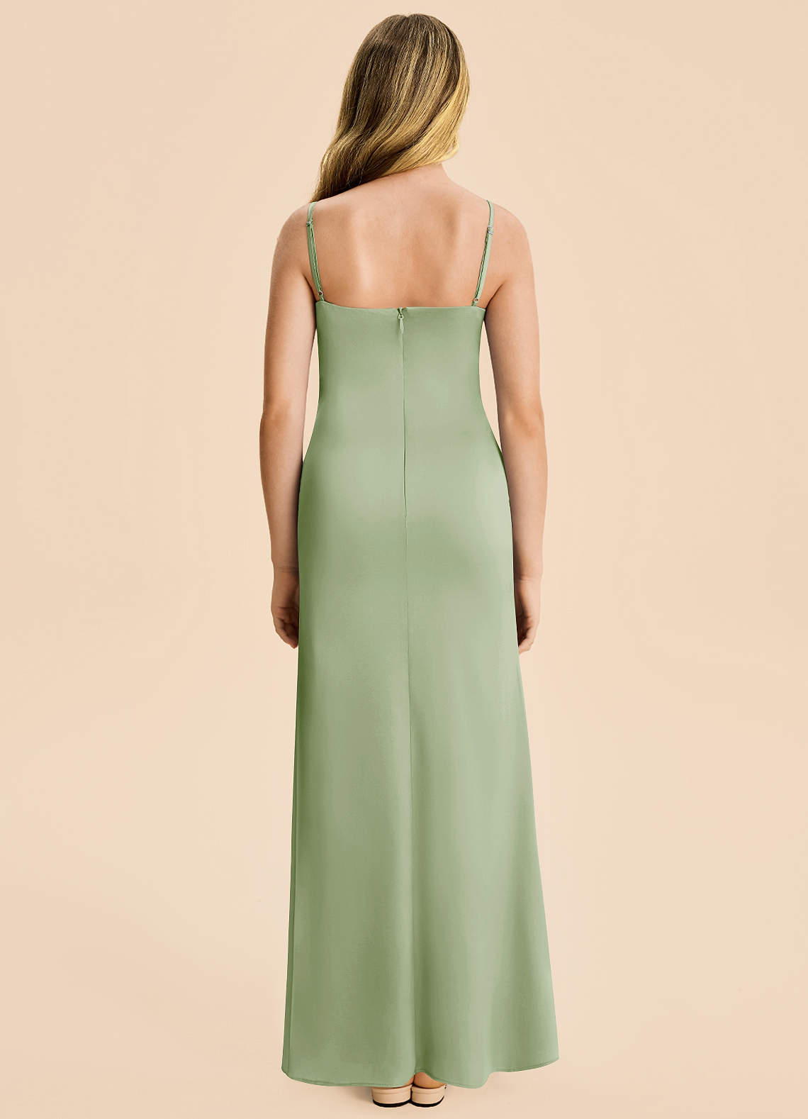 Azazie Rosalia Junior Dusty Sage Sheath Pleated Stretch Satin Dress image1