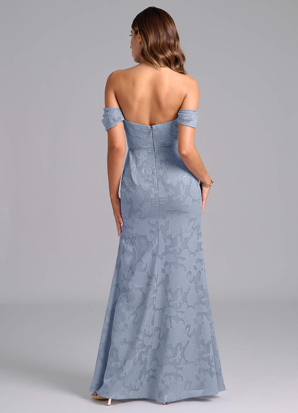 Azazie Saige At-home Try On Dresses Dusty Blue A-Line Off the Shoulder Floral Burnout Convertible Dress image5