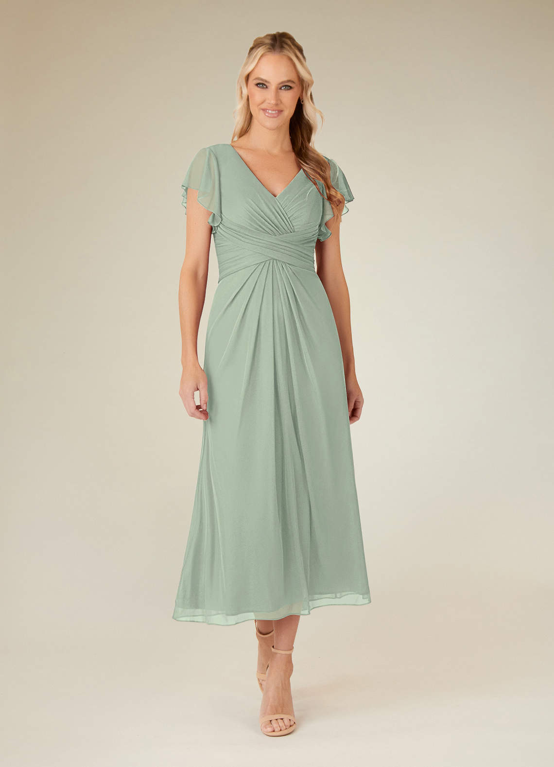 Azazie Vera Mother of the Bride Dresses Dusty Sage A-Line V-Neck Pleated Mesh Dress image1