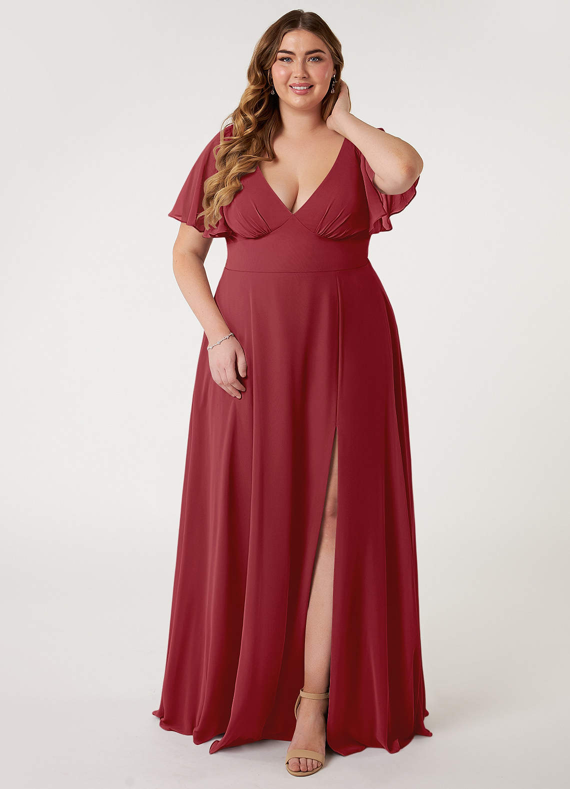 Azazie Kimber Bridesmaid Dresses Pomegranate A-Line Flounce Sleeve Chiffon Dress image1