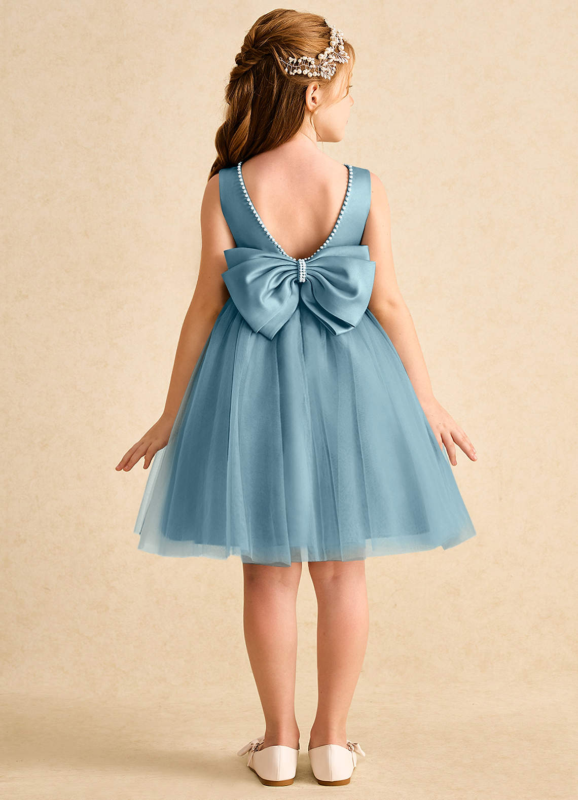 Azazie Jani Flower Girl Dresses Moody Blue A-Line Bow Tulle Dress image1