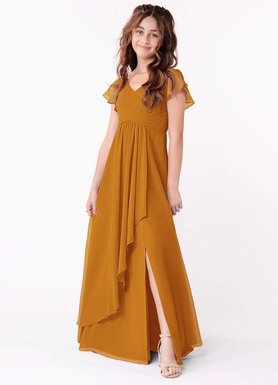 Azazie Omari Junior Butterscotch A-Line Ruched Chiffon Dress image1