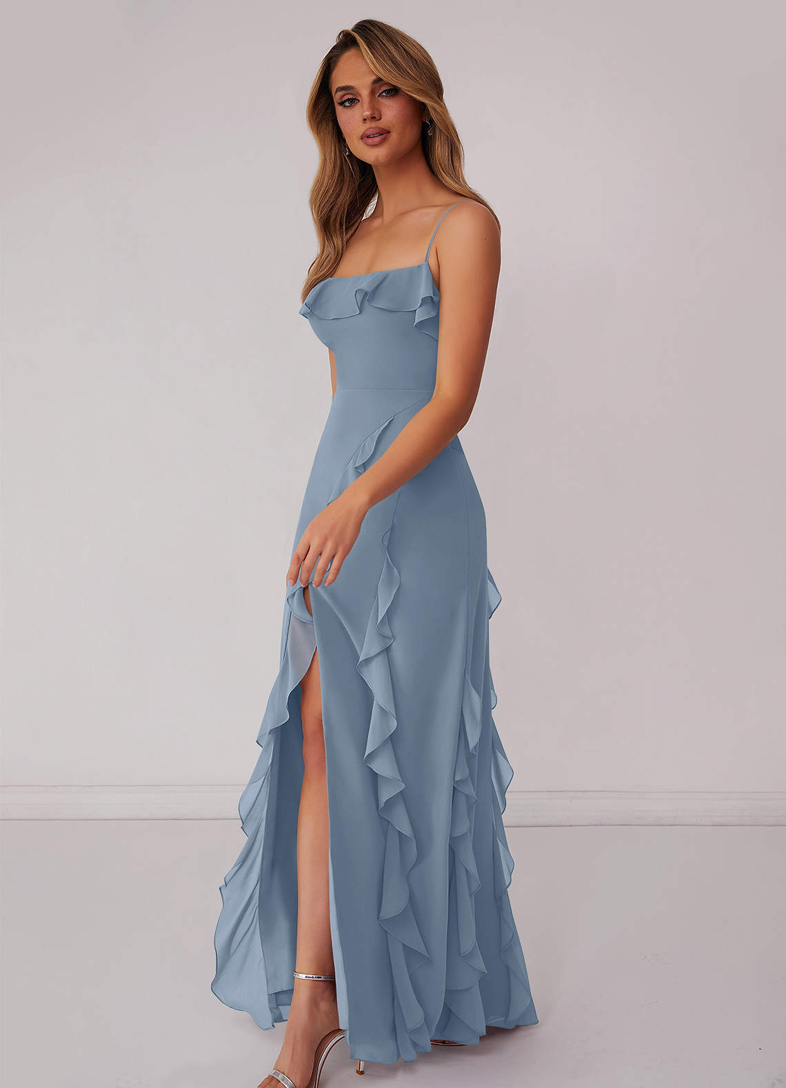 Strapless A-Line Chiffon Ruffled Bridesmaid Dress With Ribbon in Sky Blue main image 0