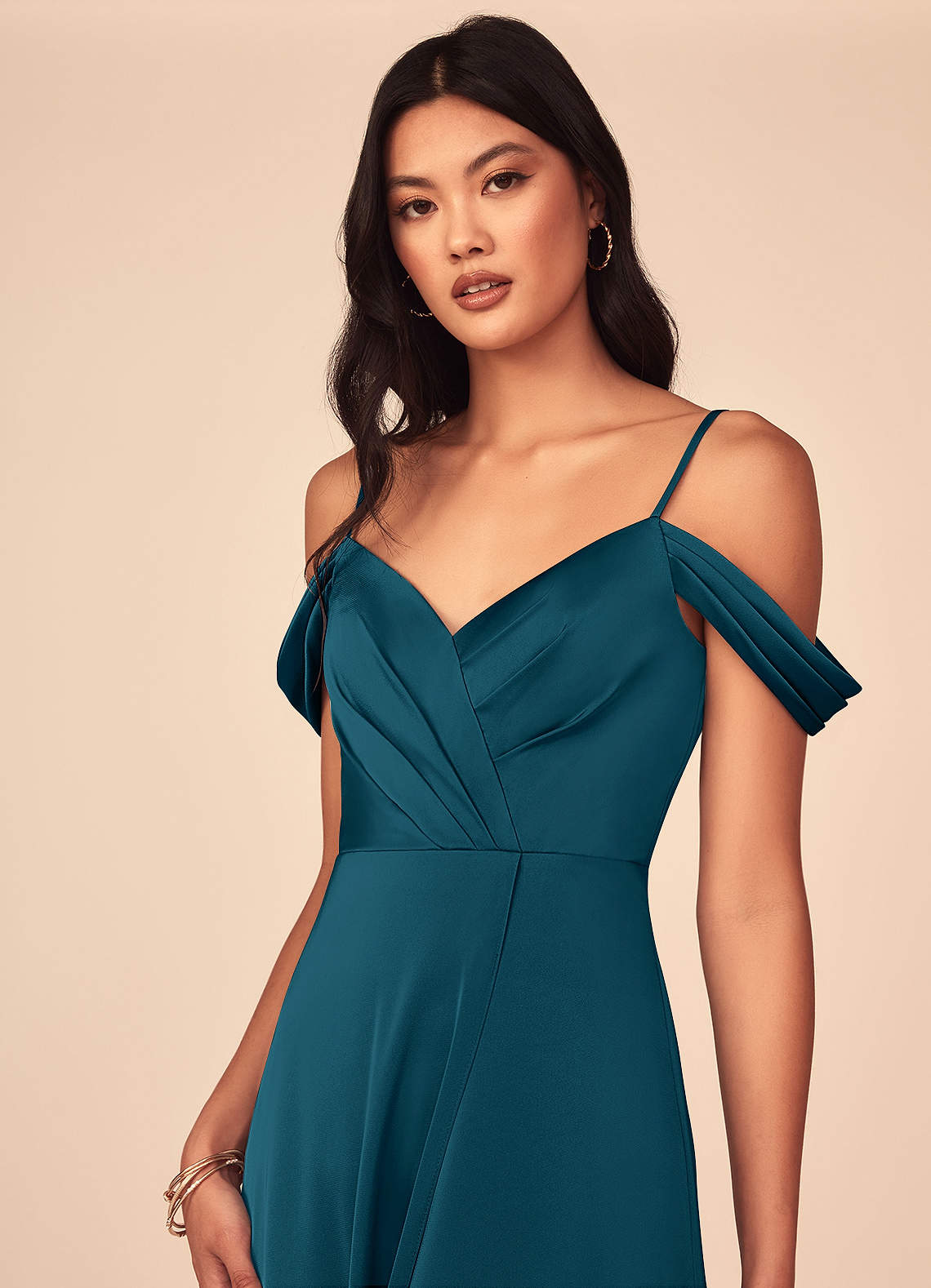 Azazie A-Line V-Neck Floor-Length Stretch Satin Bridesmaid Dresses - Ink Blue