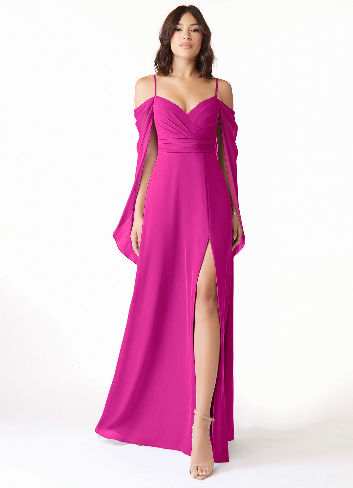 Azazie Cienna Bridesmaid Dresses Fuchsia A-Line Off the Shoulder Chiffon Dress image1
