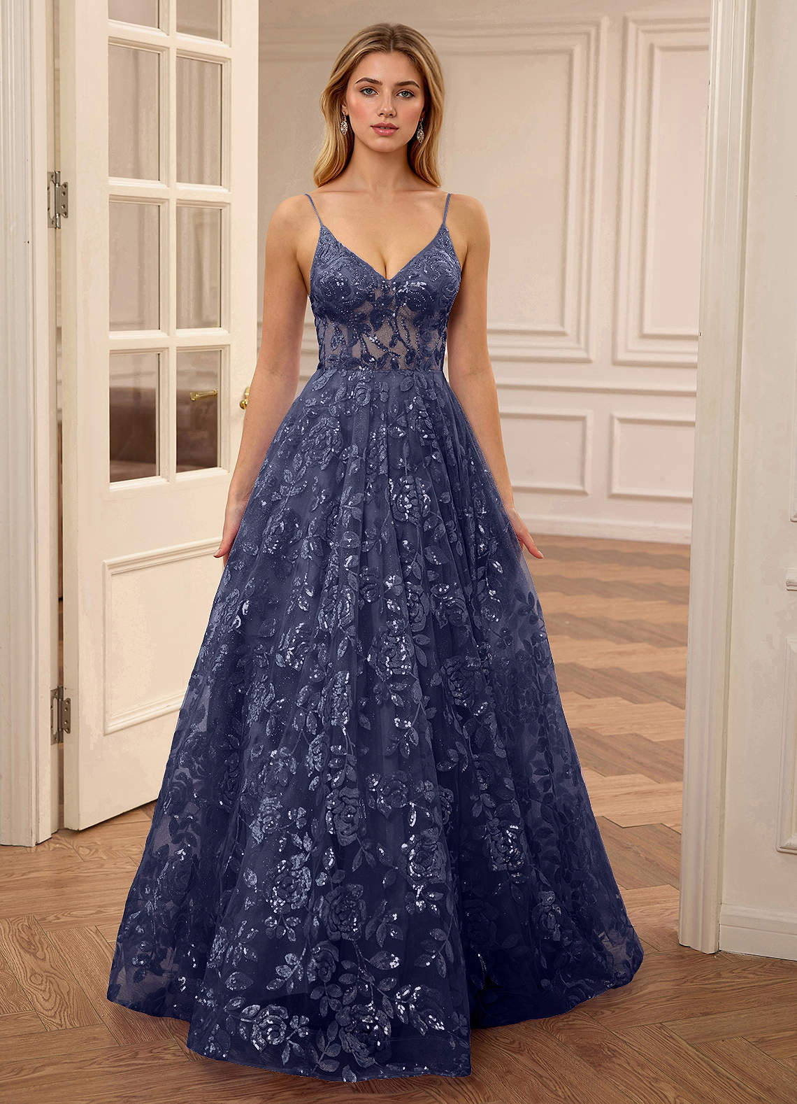 Juliette Navy V-neck A-line Sequin Embroidery Floral Prom Dress | Azazie
